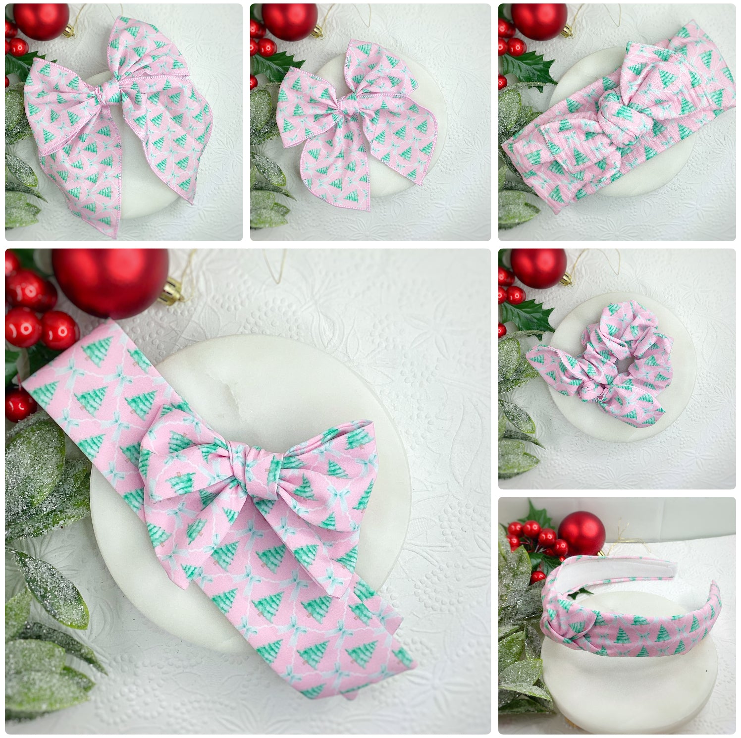 Coquette Pink Christmas Bow Strip, Headband and Scrunchie Collection