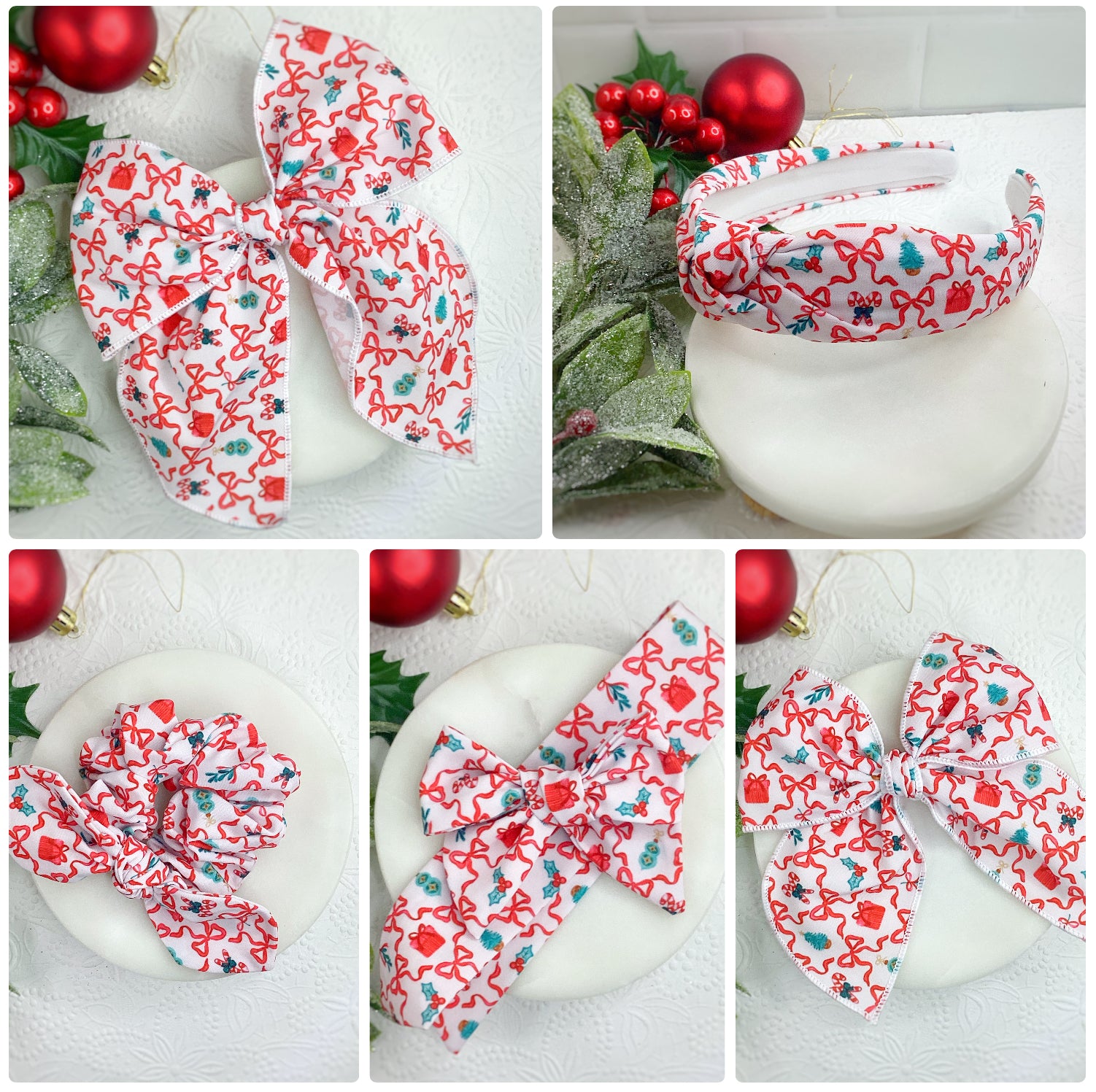 Red Coquette Bows Christmas Bow Strip, Headband and Scrunchie Collection