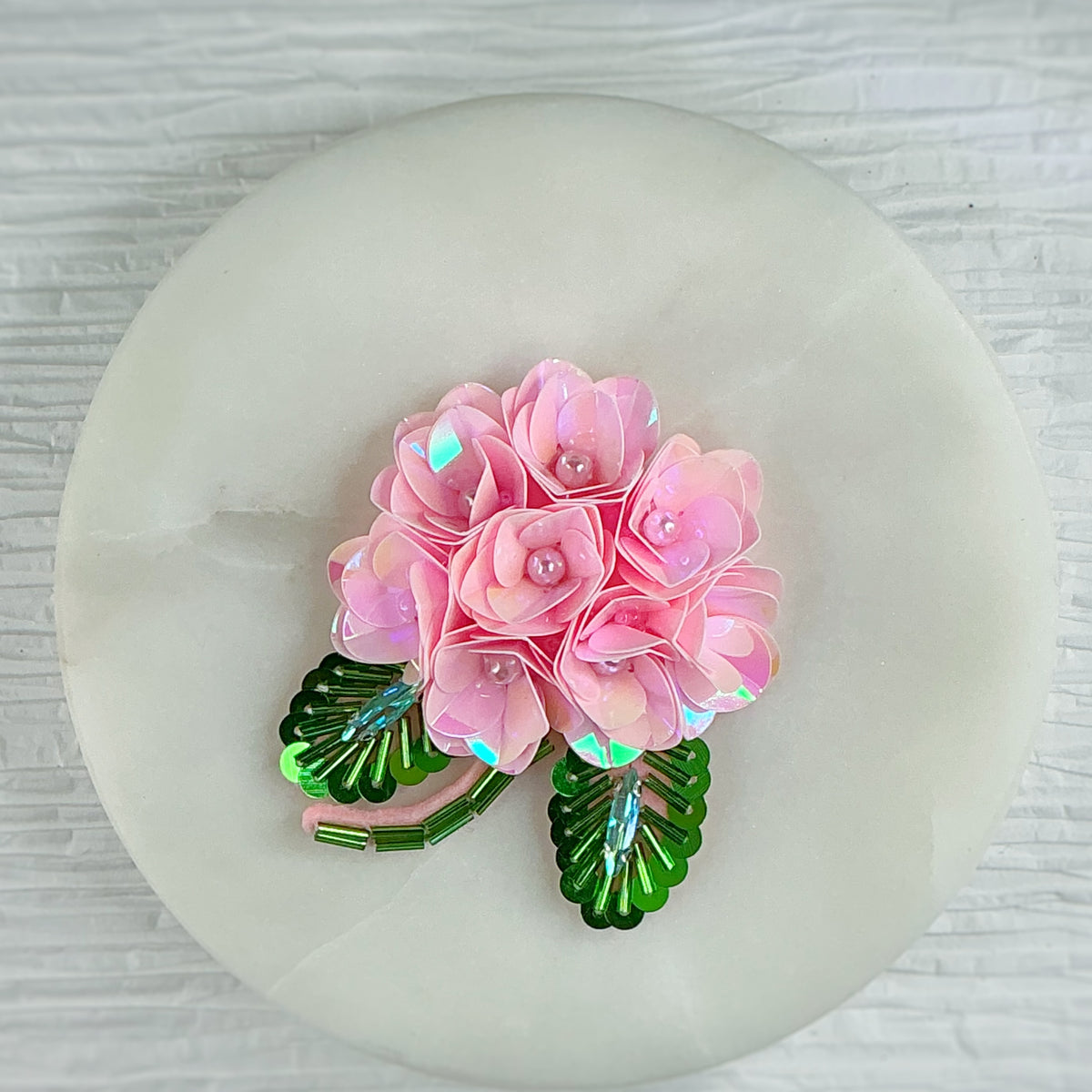 Hand Beaded Pink Hydrangea Bow Center