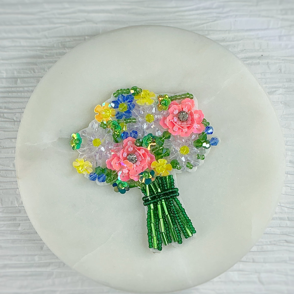 Hand Beaded Pastels Floral Bouquet Bow Center