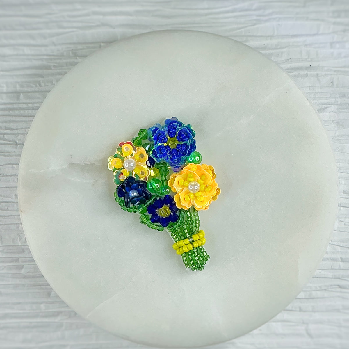 Hand Beaded Petite Blue and Yellow Floral Bouquet Bow Center