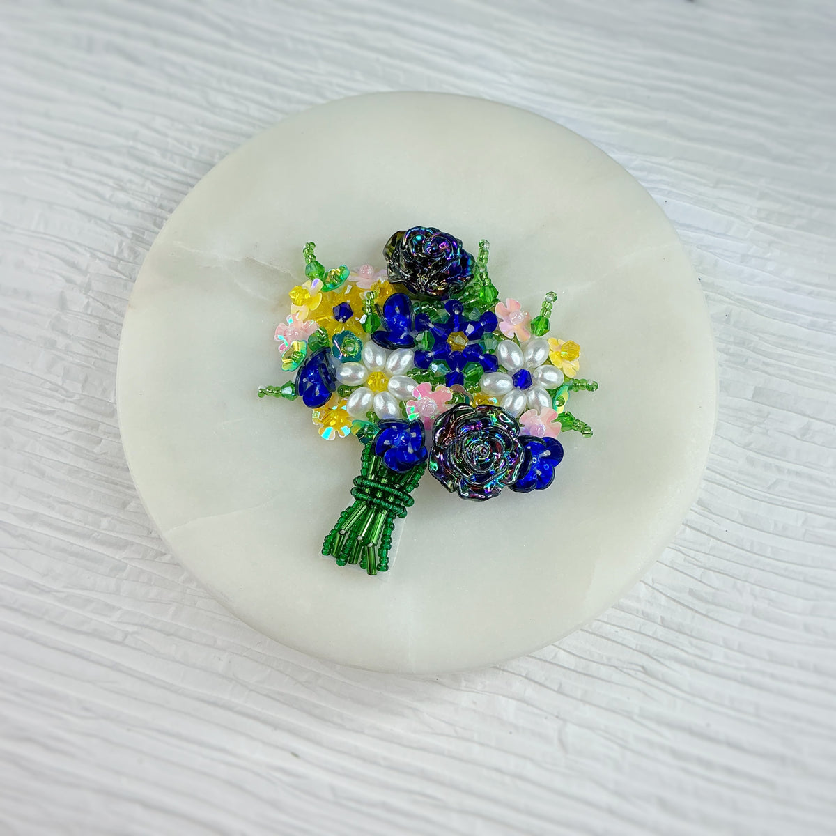 Hand Beaded Blue and Yellow Floral Bouquet Bow Center