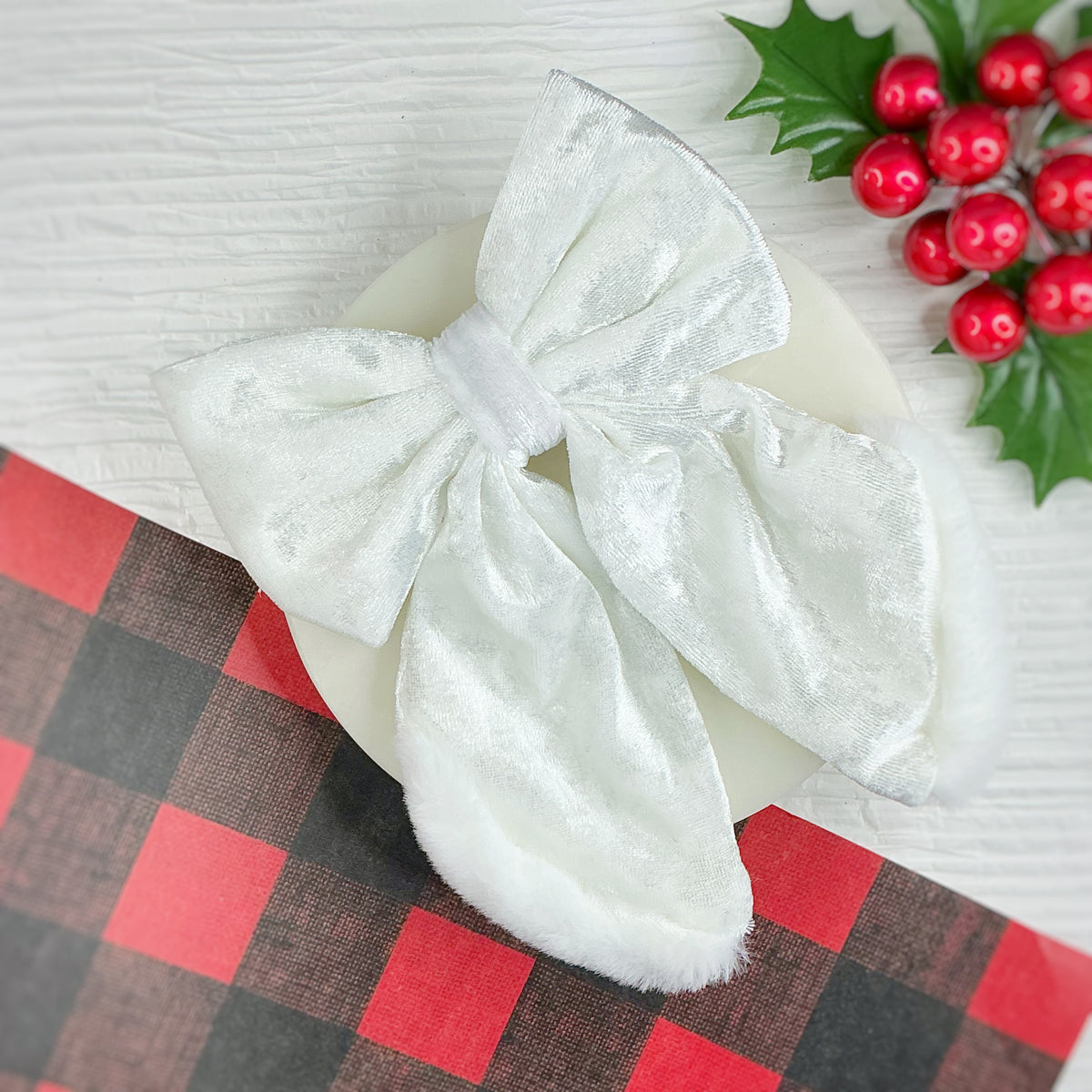 Fur Trimmed Sailor All-White Santa Bow