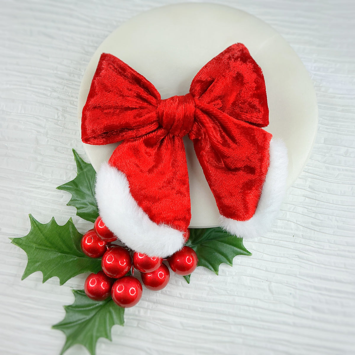 Crushed Velvet Santa Suit Pre-Tied Bow Strip with Alligator Clip