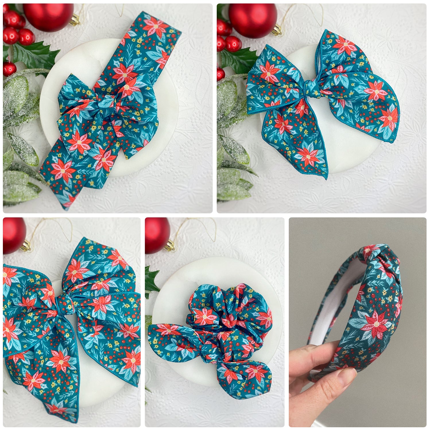 Pretty Poinsettias Bow Strip, Headband and Scrunchie Collection