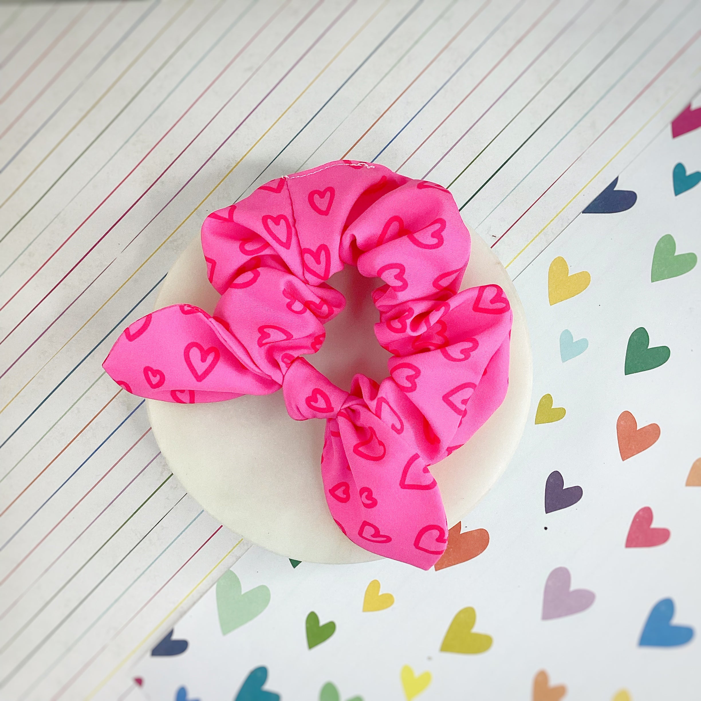 Neon Pink Doodle Hearts Bow Strip, Headband, Baby Headwrap and Scrunchie Collection