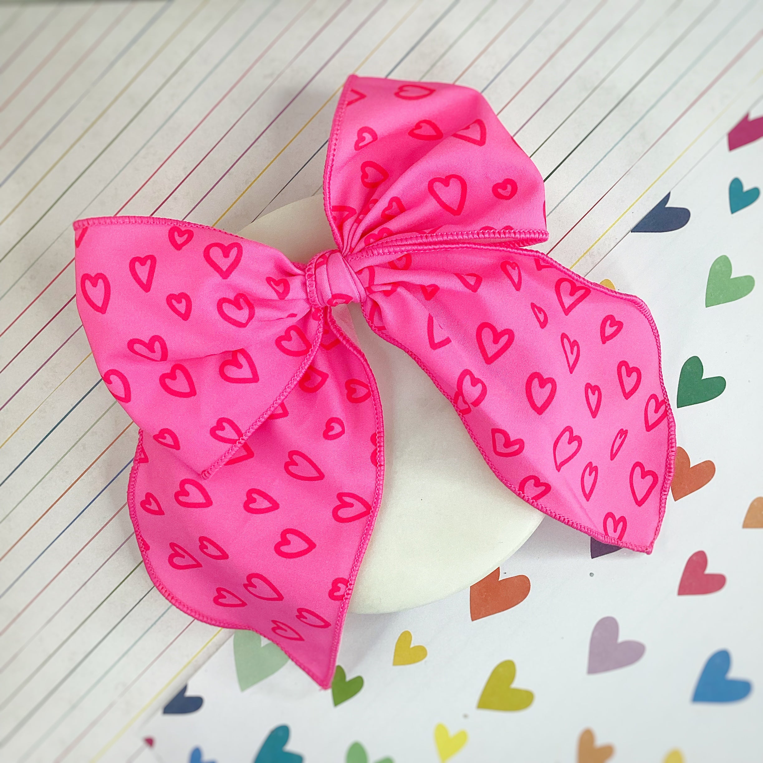 Neon Pink Doodle Hearts Bow Strip, Headband, Baby Headwrap and Scrunchie Collection