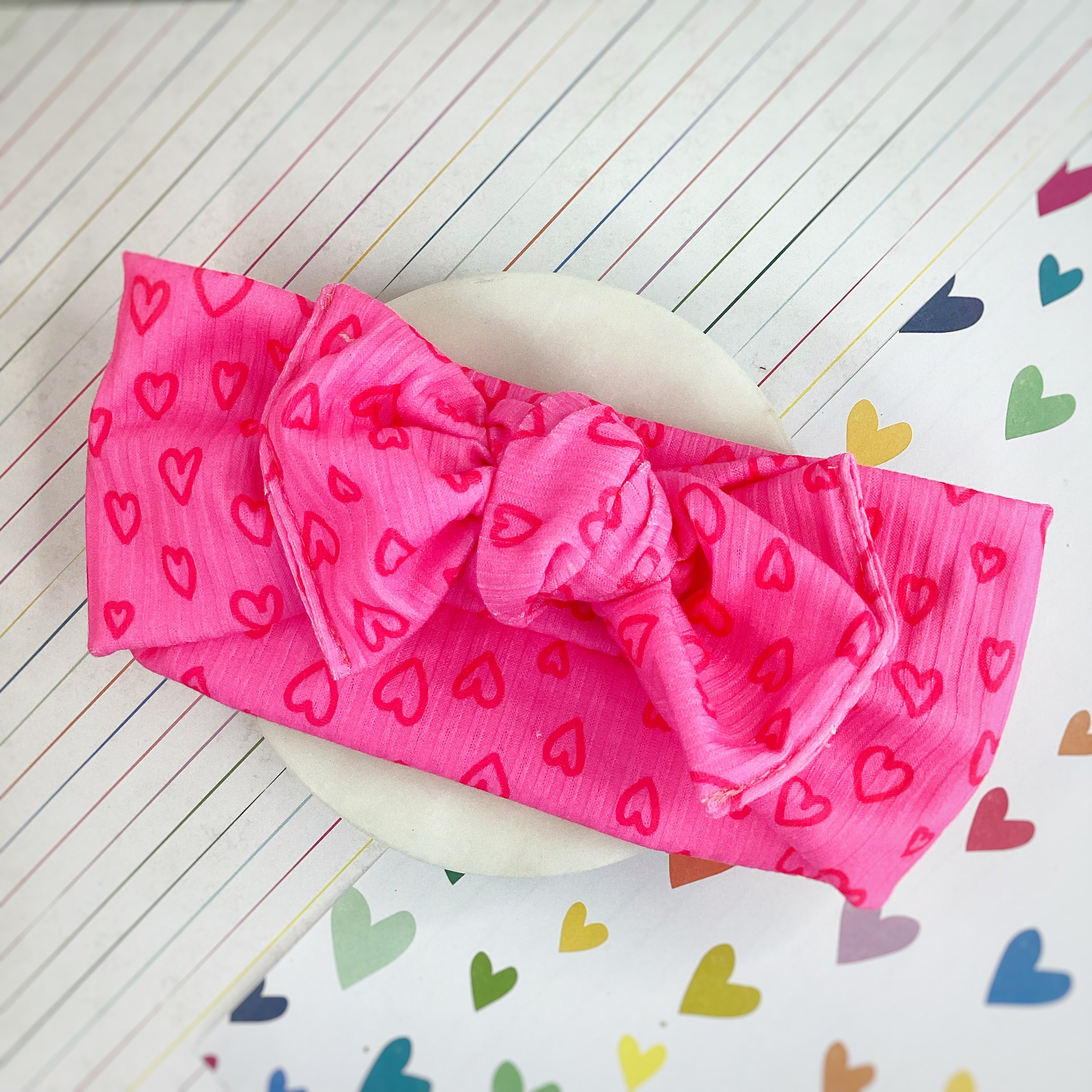 Neon Pink Doodle Hearts Bow Strip, Headband, Baby Headwrap and Scrunchie Collection