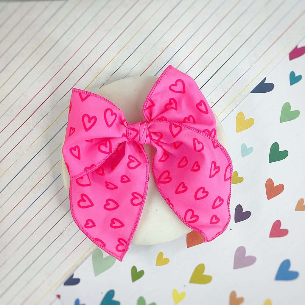 Neon Pink Doodle Hearts Bow Strip, Headband, Baby Headwrap and Scrunchie Collection