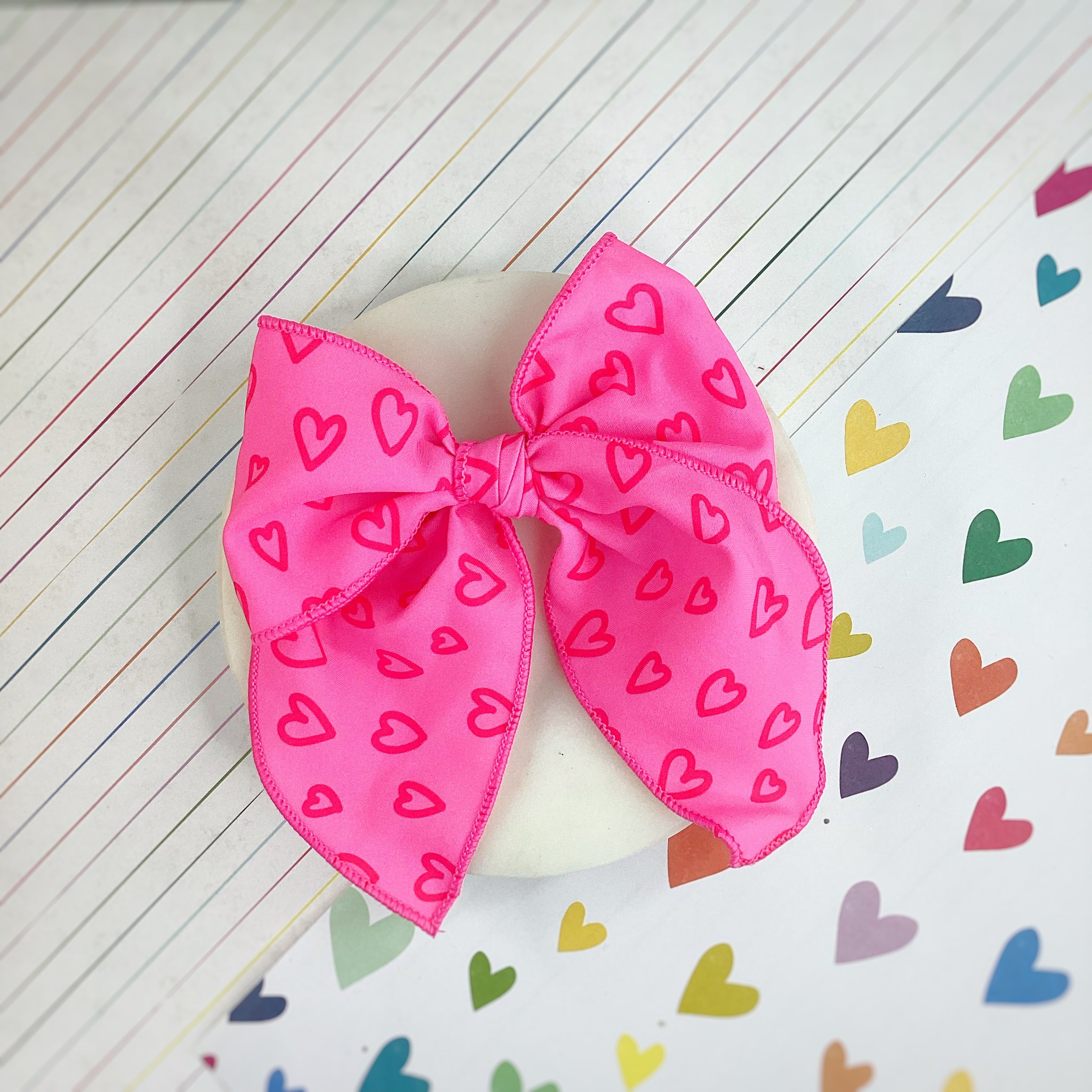 Neon Pink Doodle Hearts Bow Strip, Headband, Baby Headwrap and Scrunchie Collection