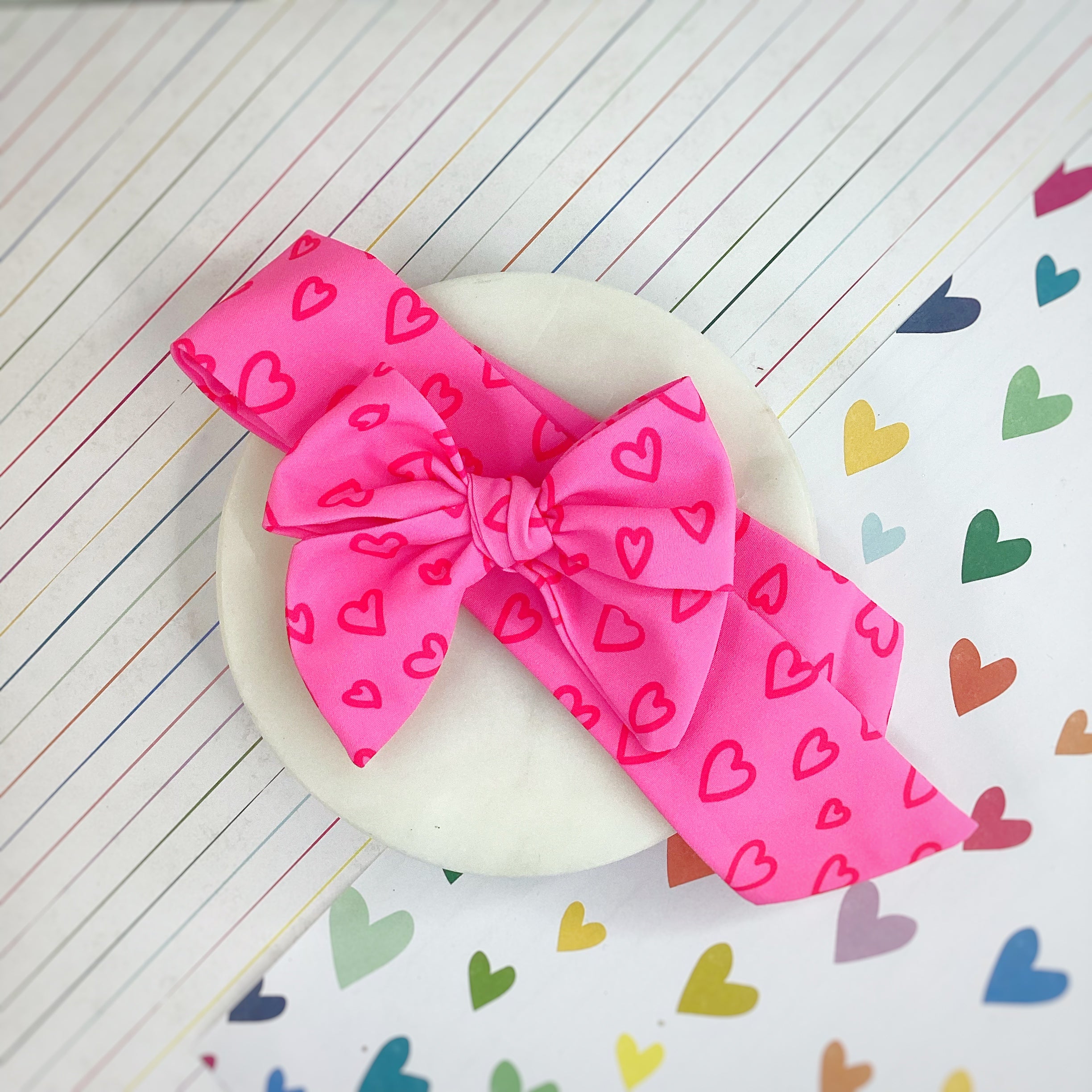 Neon Pink Doodle Hearts Bow Strip, Headband, Baby Headwrap and Scrunchie Collection