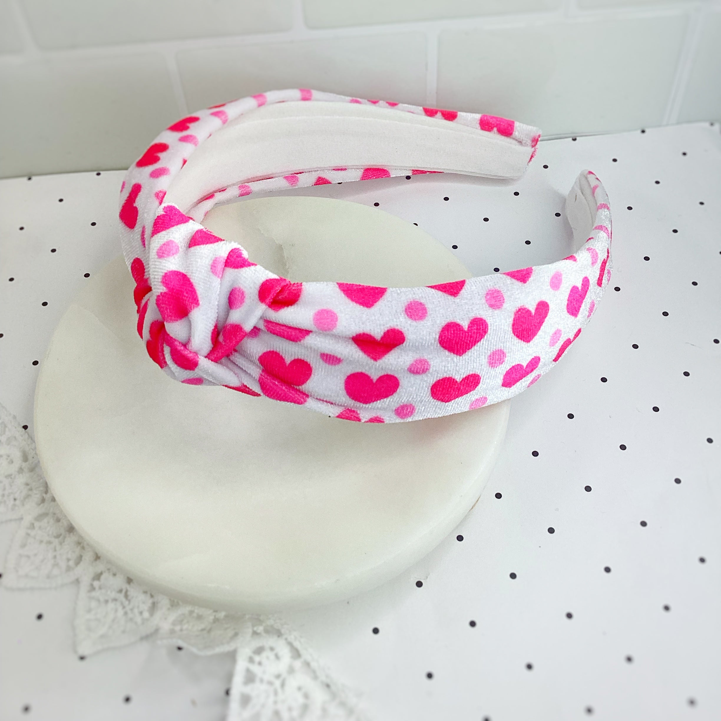 Pink Velvet Hearts Bow Strip and Scrunchie Collection