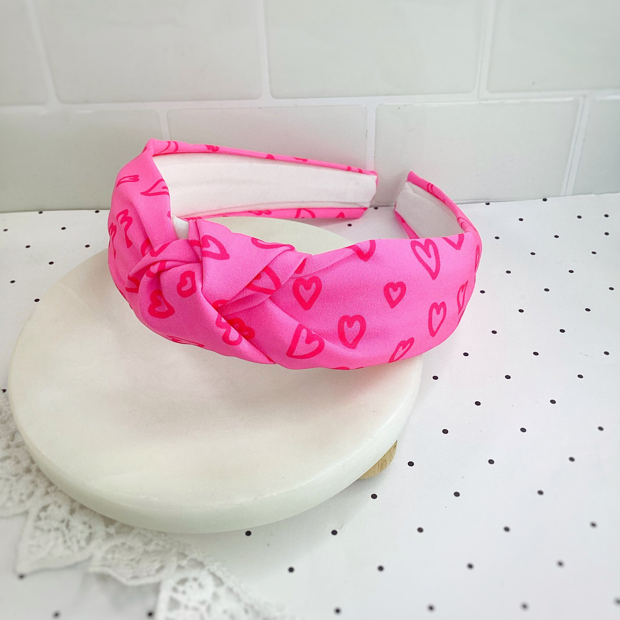 Neon Pink Doodle Hearts Bow Strip, Headband, Baby Headwrap and Scrunchie Collection
