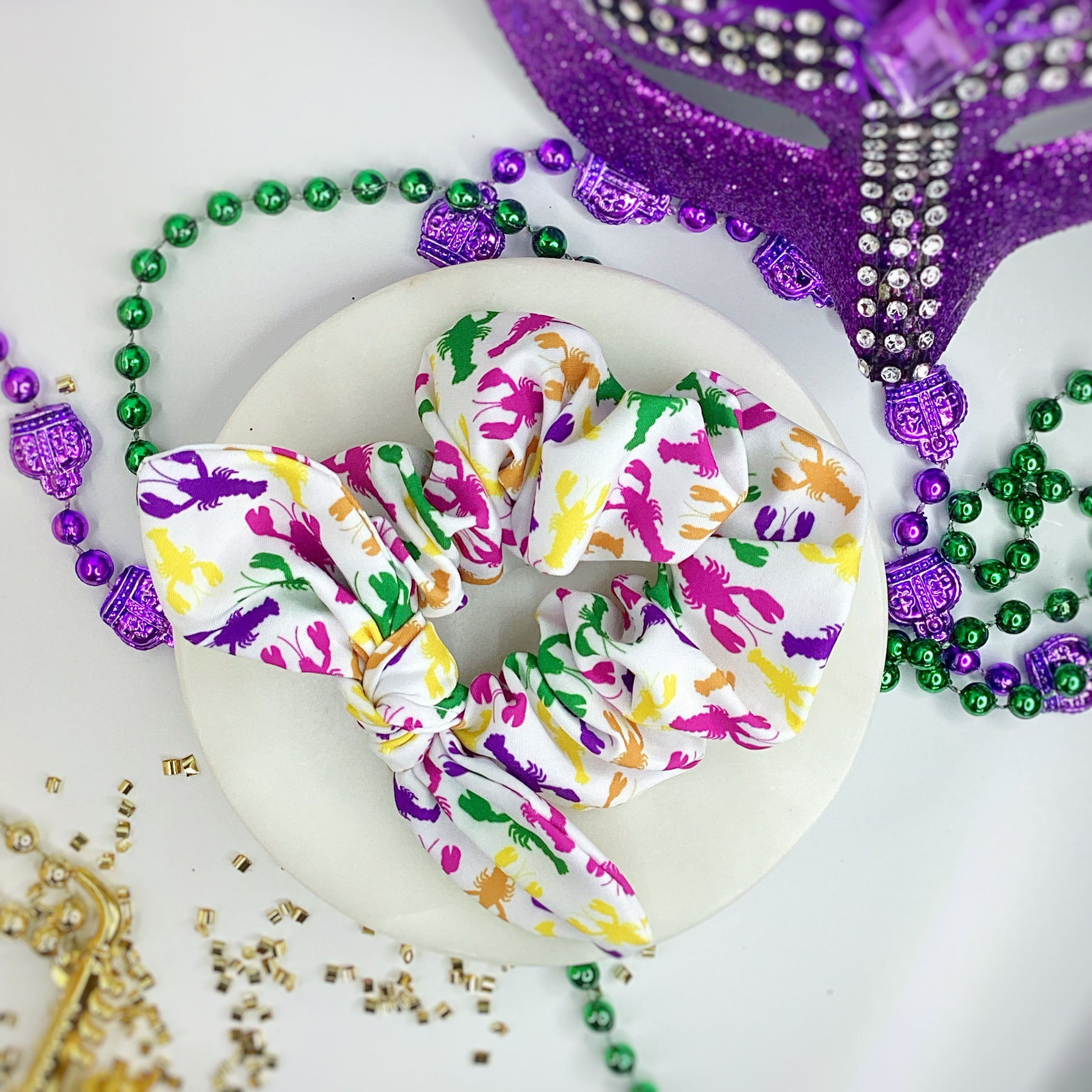 Crawfish Mardi Gras Bow Strip, Headband and Scrunchie Collection
