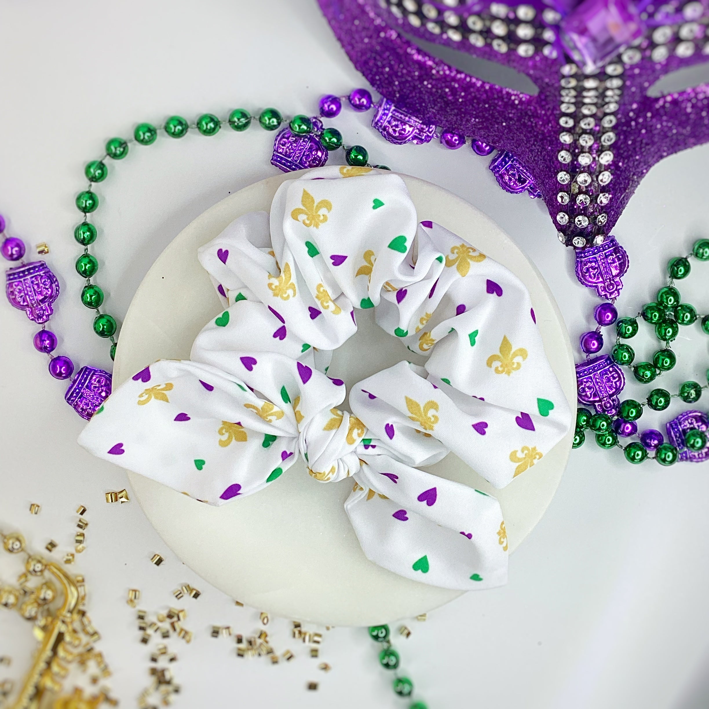 I Love Mardi Gras Bow Strip, Headband and Scrunchie Collection