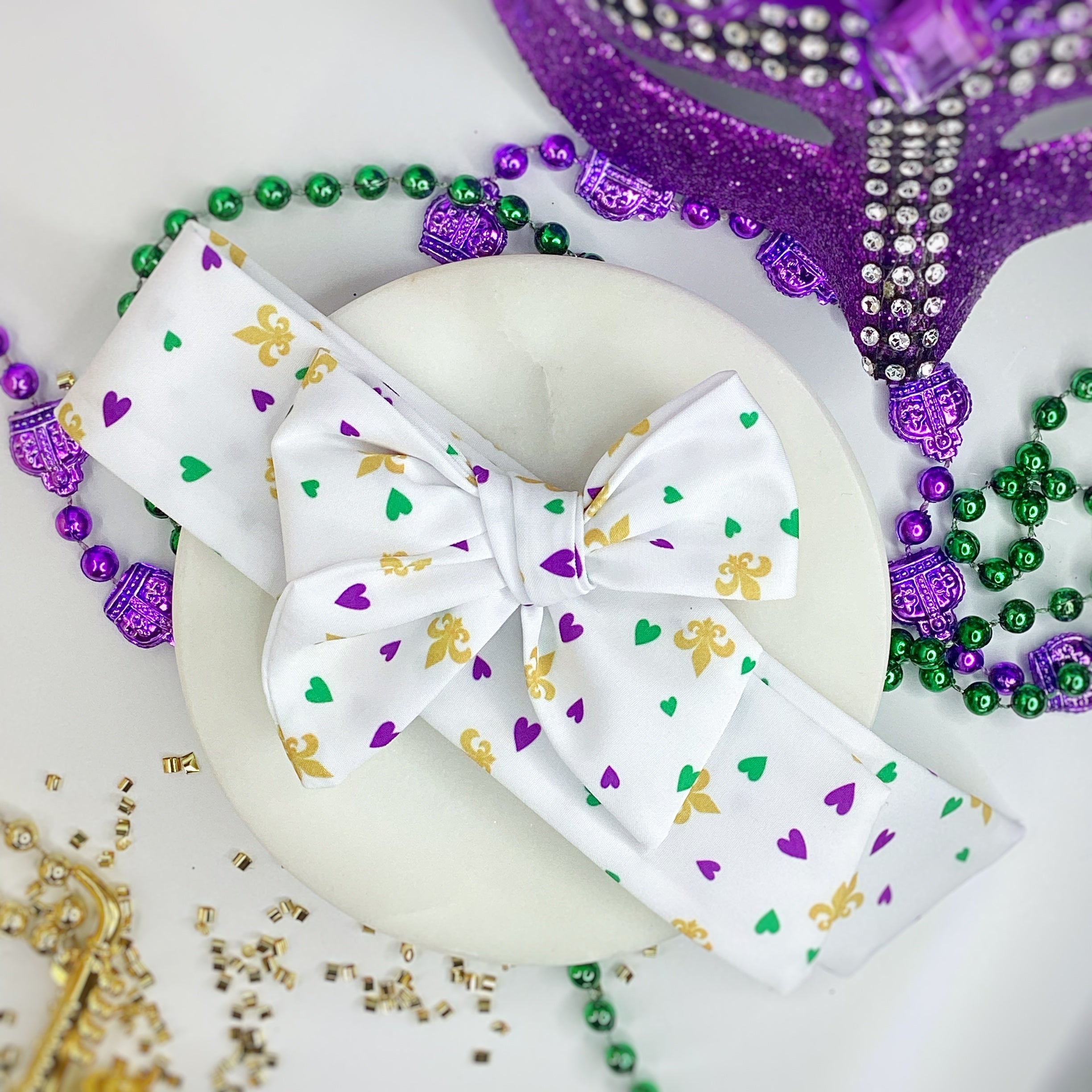 I Love Mardi Gras Bow Strip, Headband and Scrunchie Collection