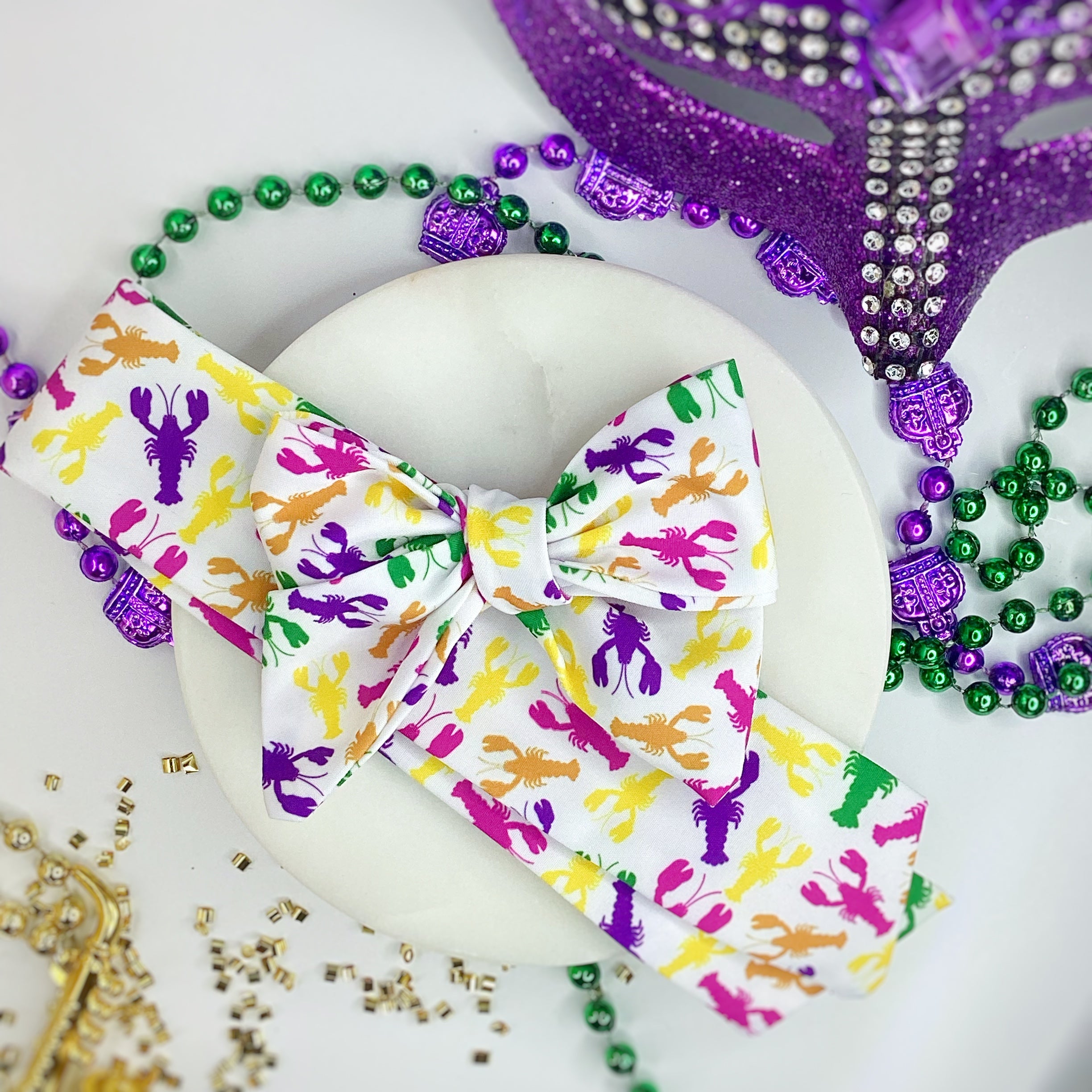 Crawfish Mardi Gras Bow Strip, Headband and Scrunchie Collection
