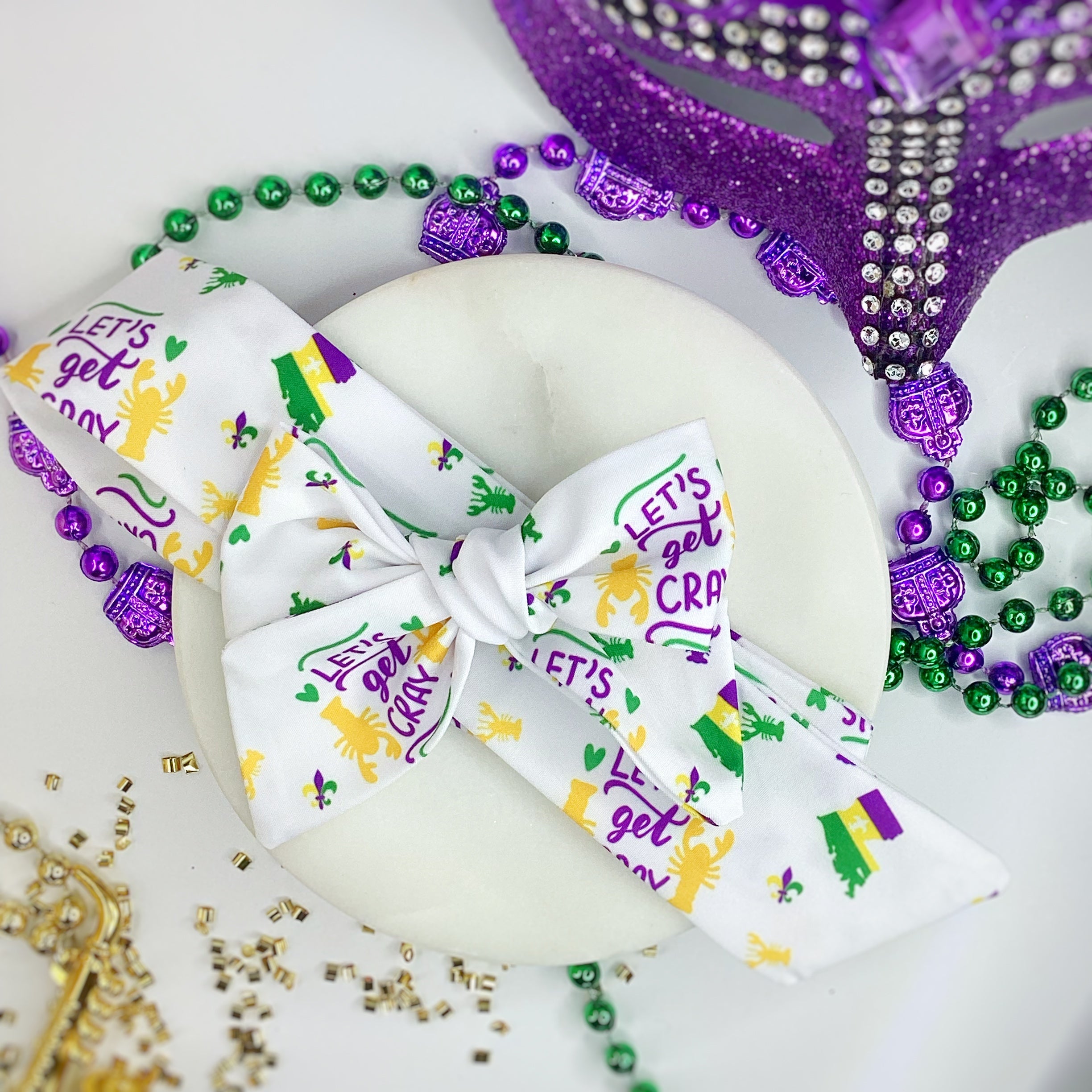 Let’s Get Cray Mardi Gras Bow Strip, Headband and Scrunchie Collection