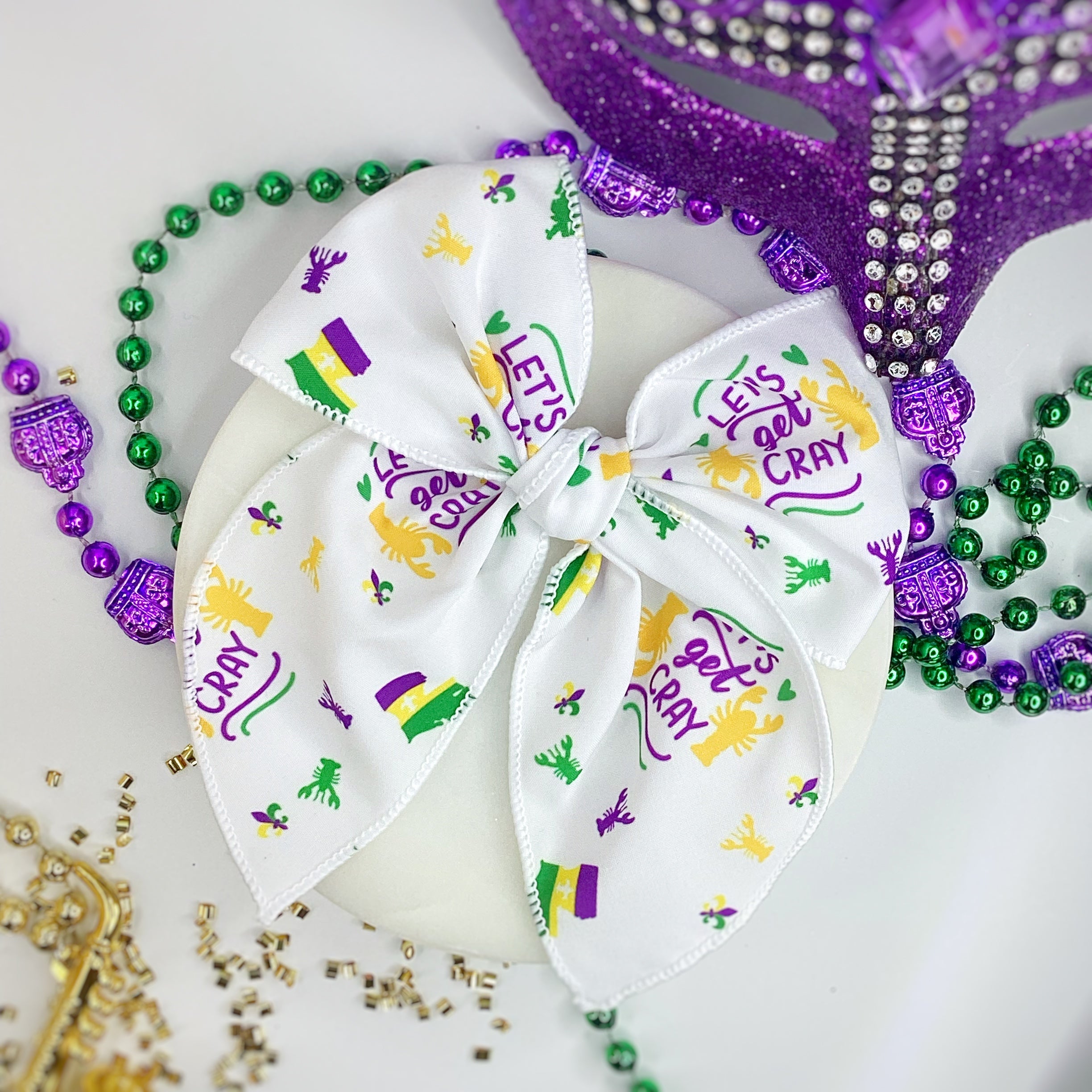 Let’s Get Cray Mardi Gras Bow Strip, Headband and Scrunchie Collection