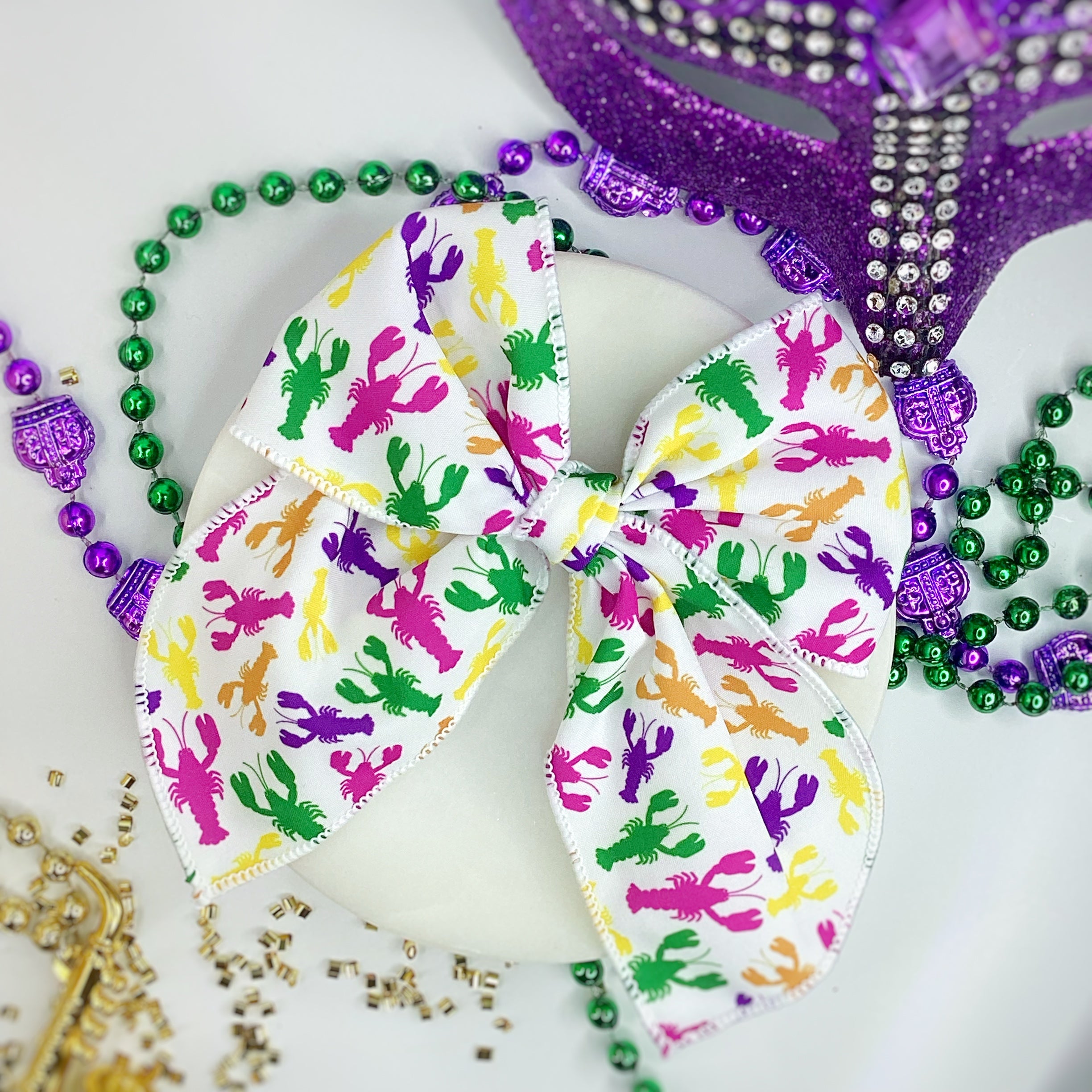 Crawfish Mardi Gras Bow Strip, Headband and Scrunchie Collection
