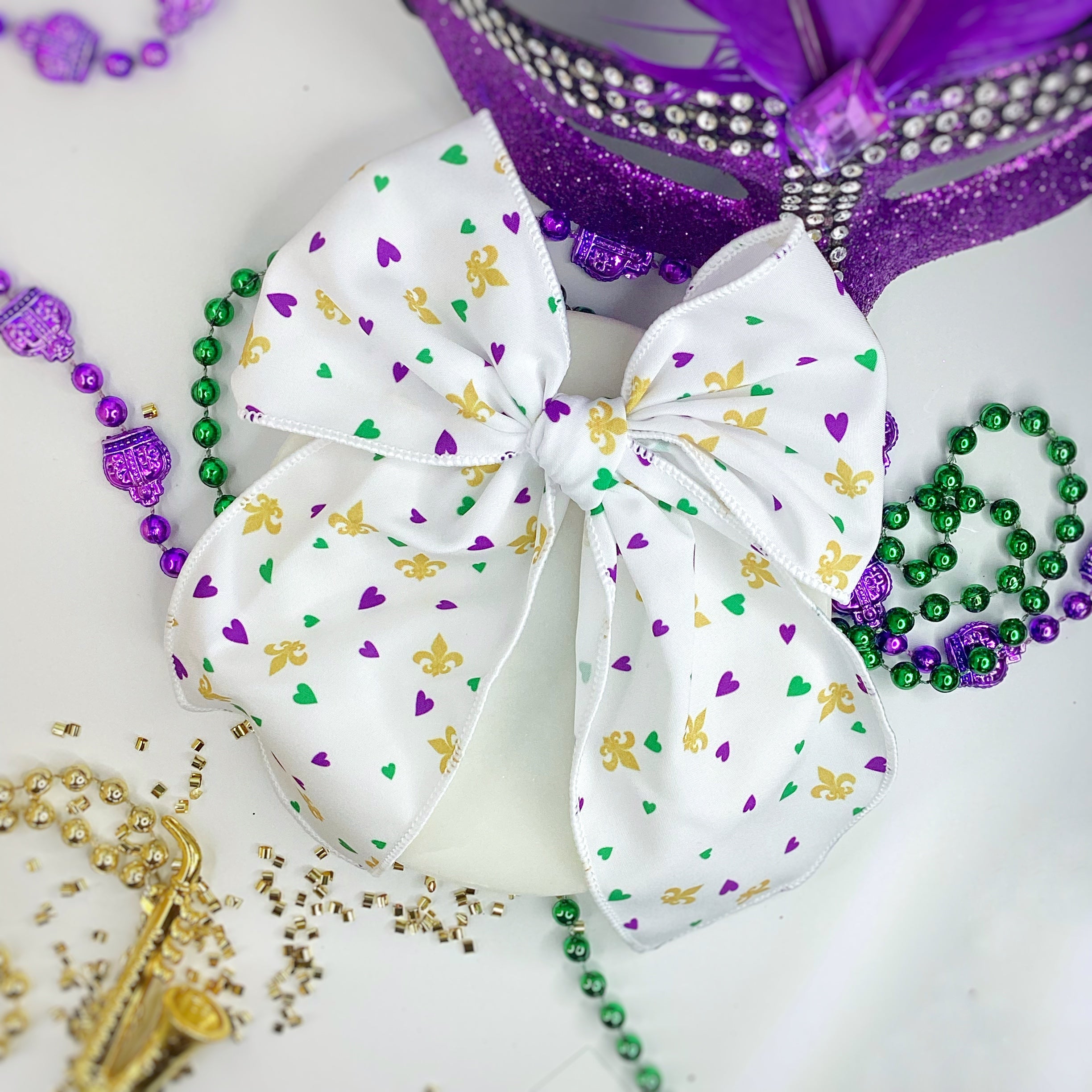 I Love Mardi Gras Bow Strip, Headband and Scrunchie Collection