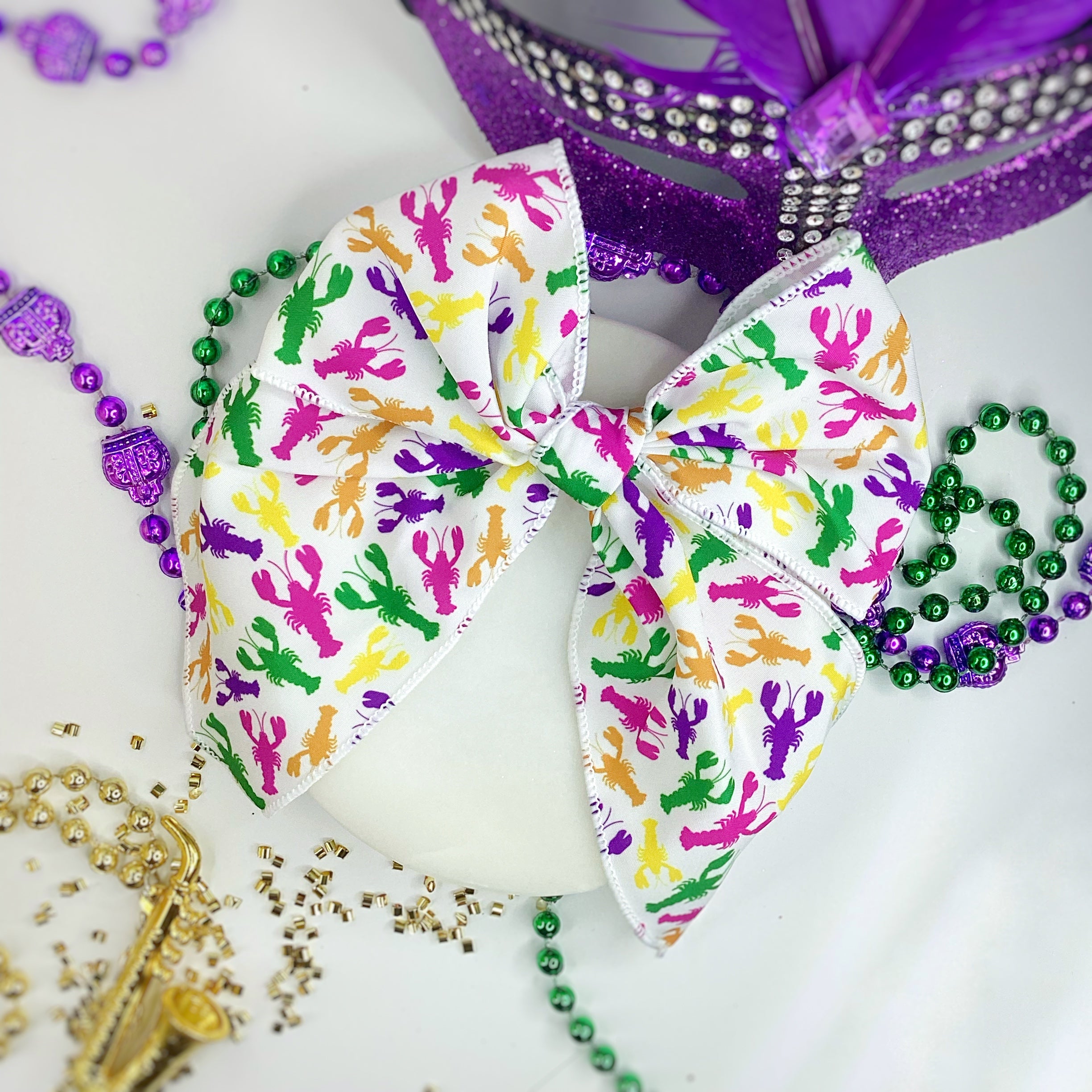 Crawfish Mardi Gras Bow Strip, Headband and Scrunchie Collection