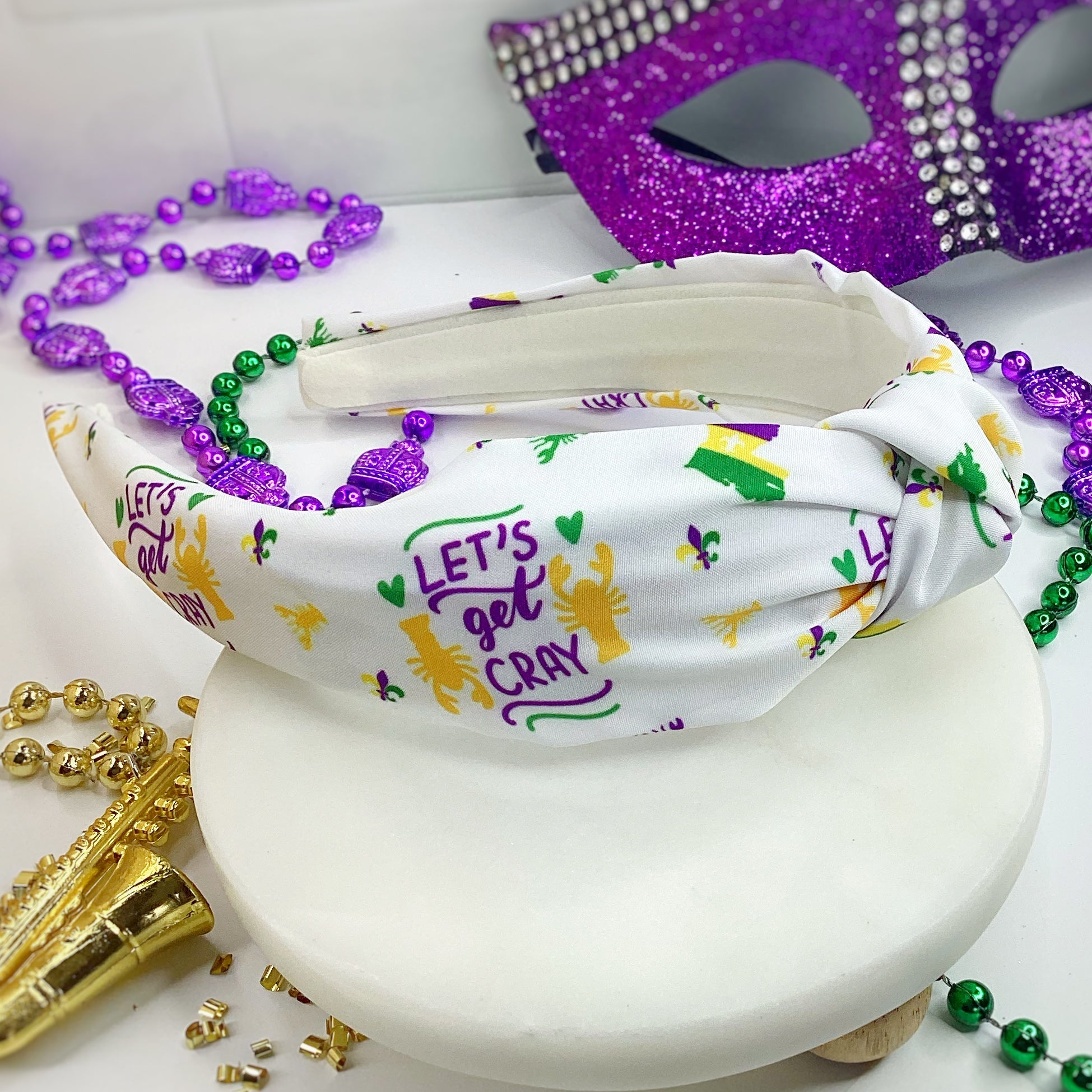 Let’s Get Cray Mardi Gras Bow Strip, Headband and Scrunchie Collection
