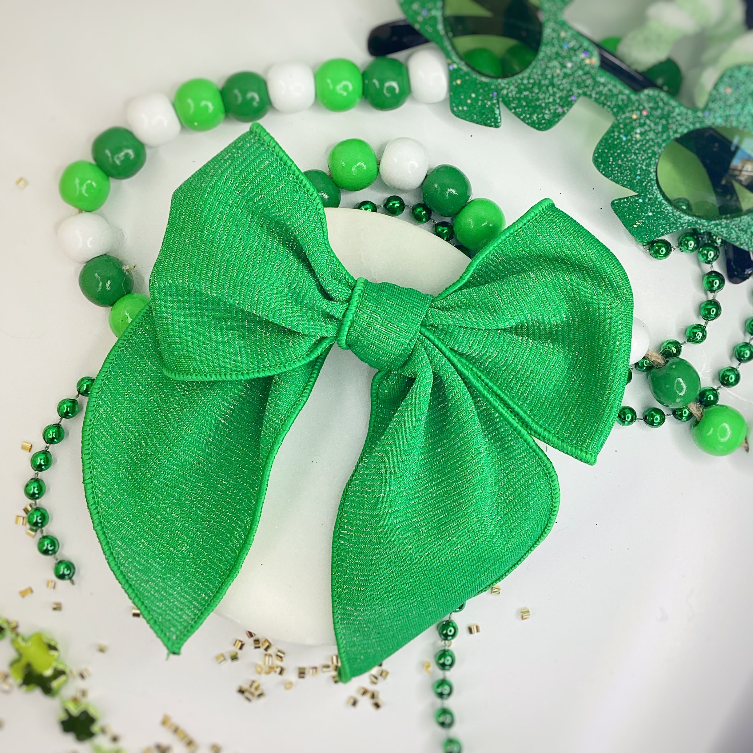 Kelly Green Shimmer Bow Strip, Headband and Scrunchie Collection