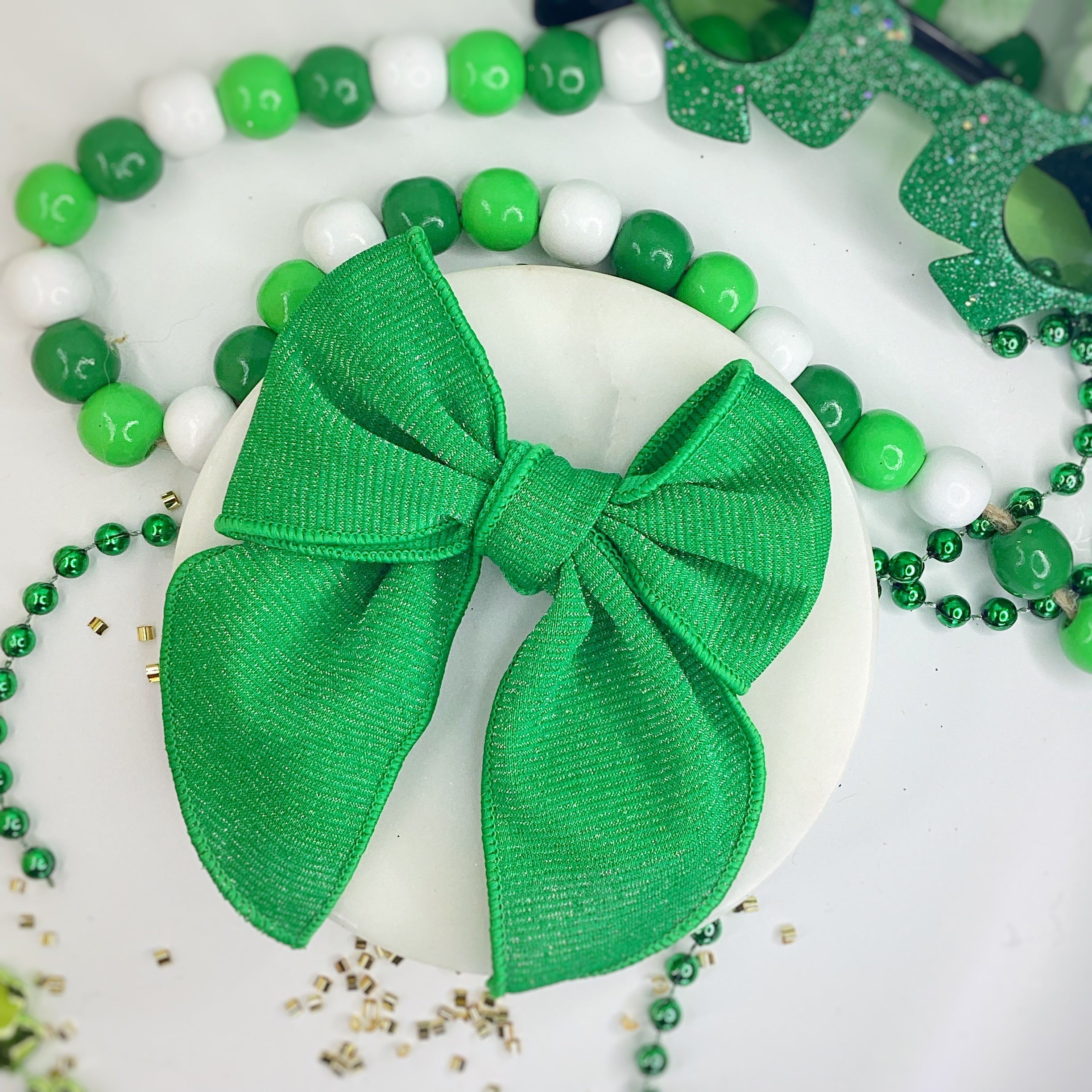 Kelly Green Shimmer Bow Strip, Headband and Scrunchie Collection