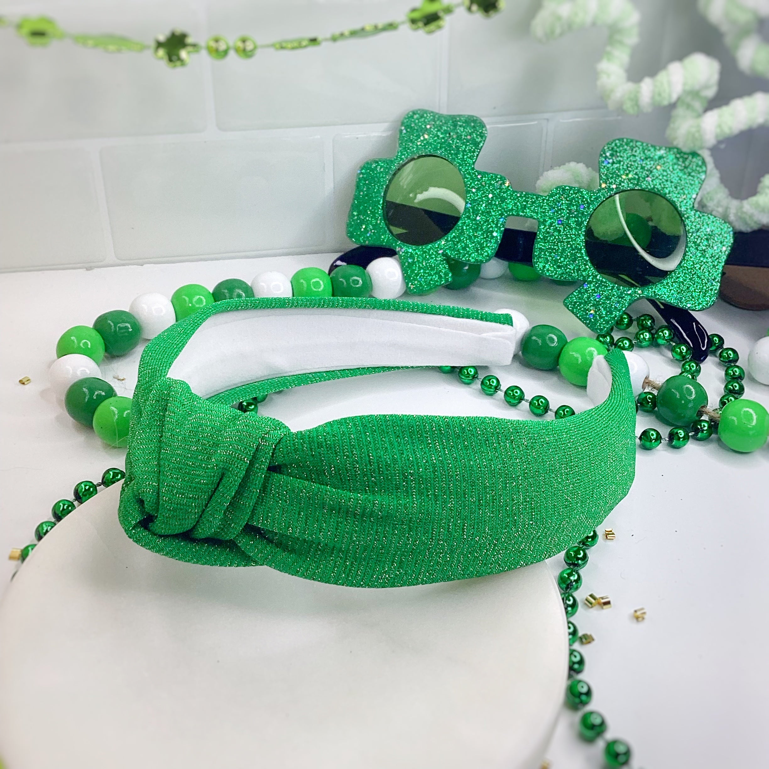 Kelly Green Shimmer Bow Strip, Headband and Scrunchie Collection