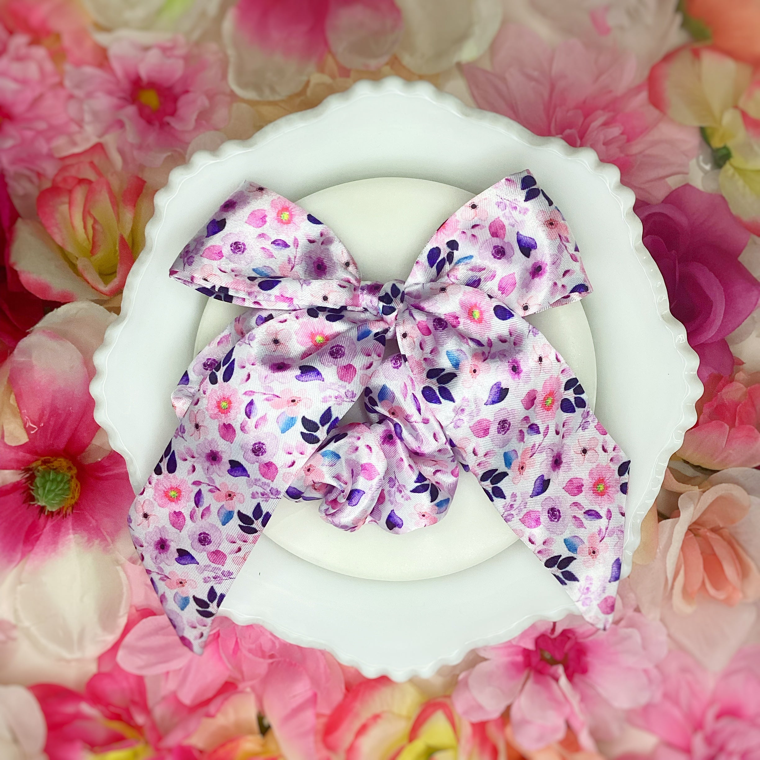 Purple Satin Floral Coquette Bow and Bow Scrunchie Collection