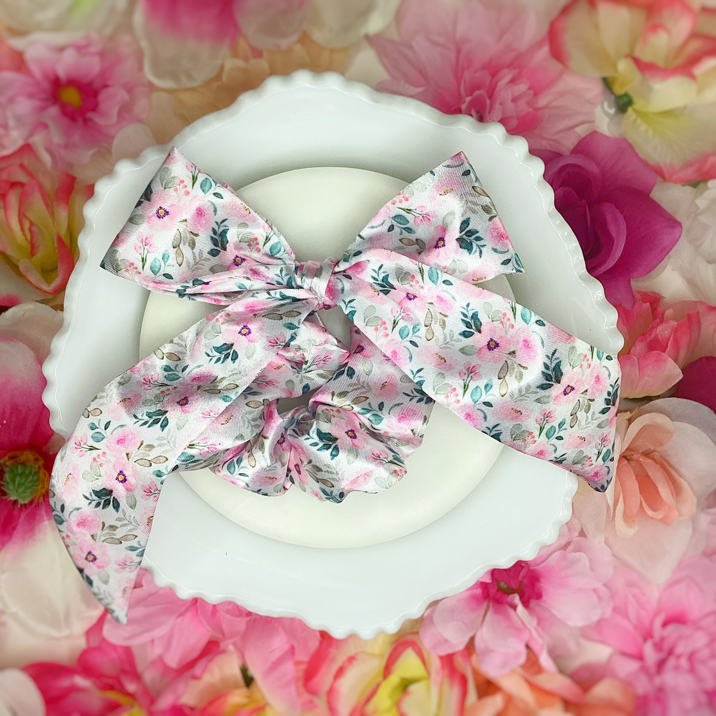 Pink Satin Floral Coquette Bow and Bow Scrunchie Collection