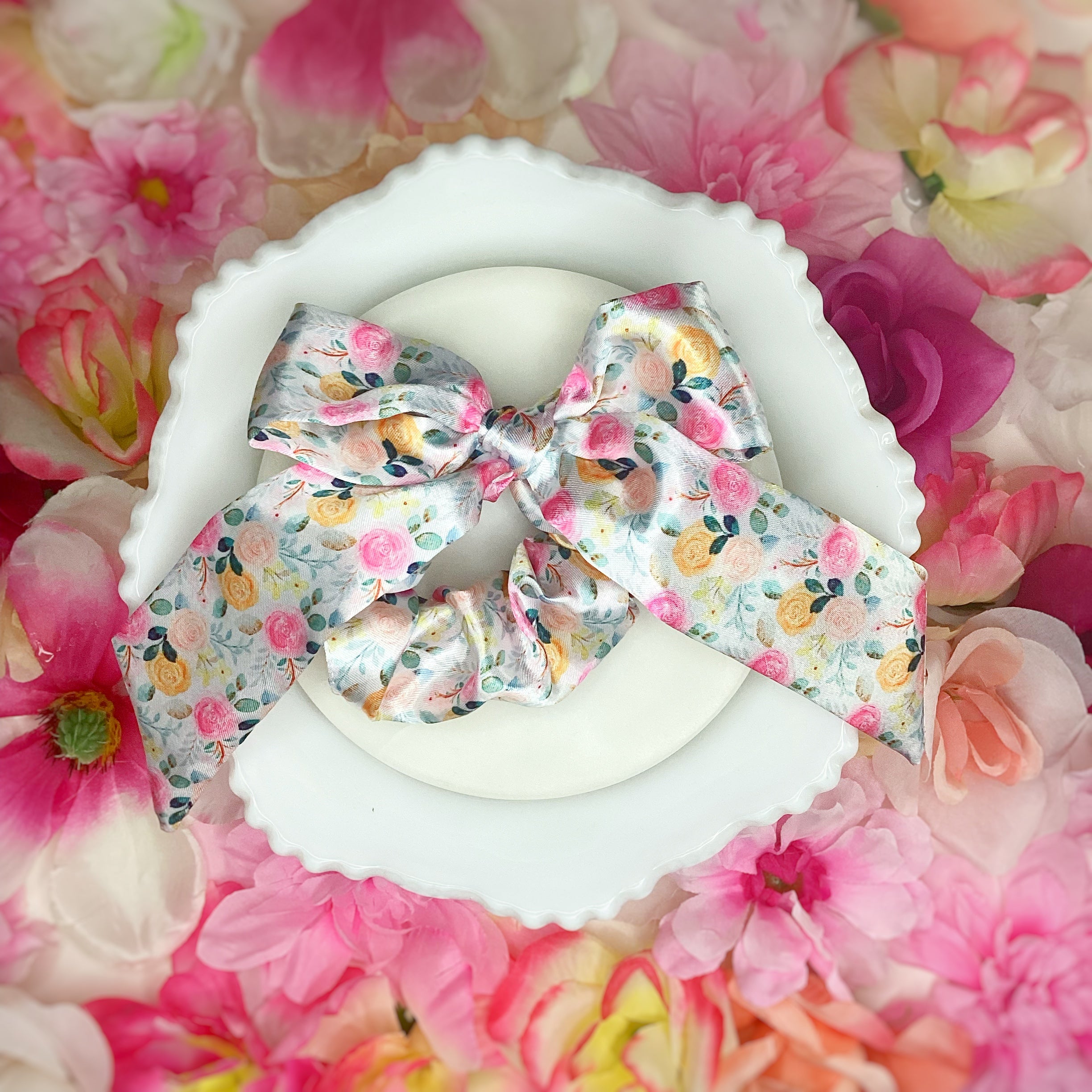 Yellow and Pink Satin Floral Coquette Bow and Bow Scrunchie Collection