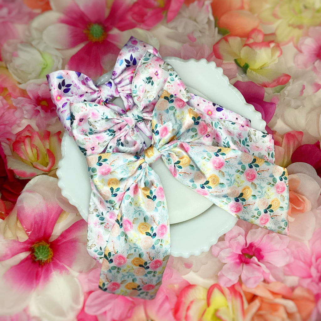 Yellow and Pink Satin Floral Coquette Bow and Bow Scrunchie Collection