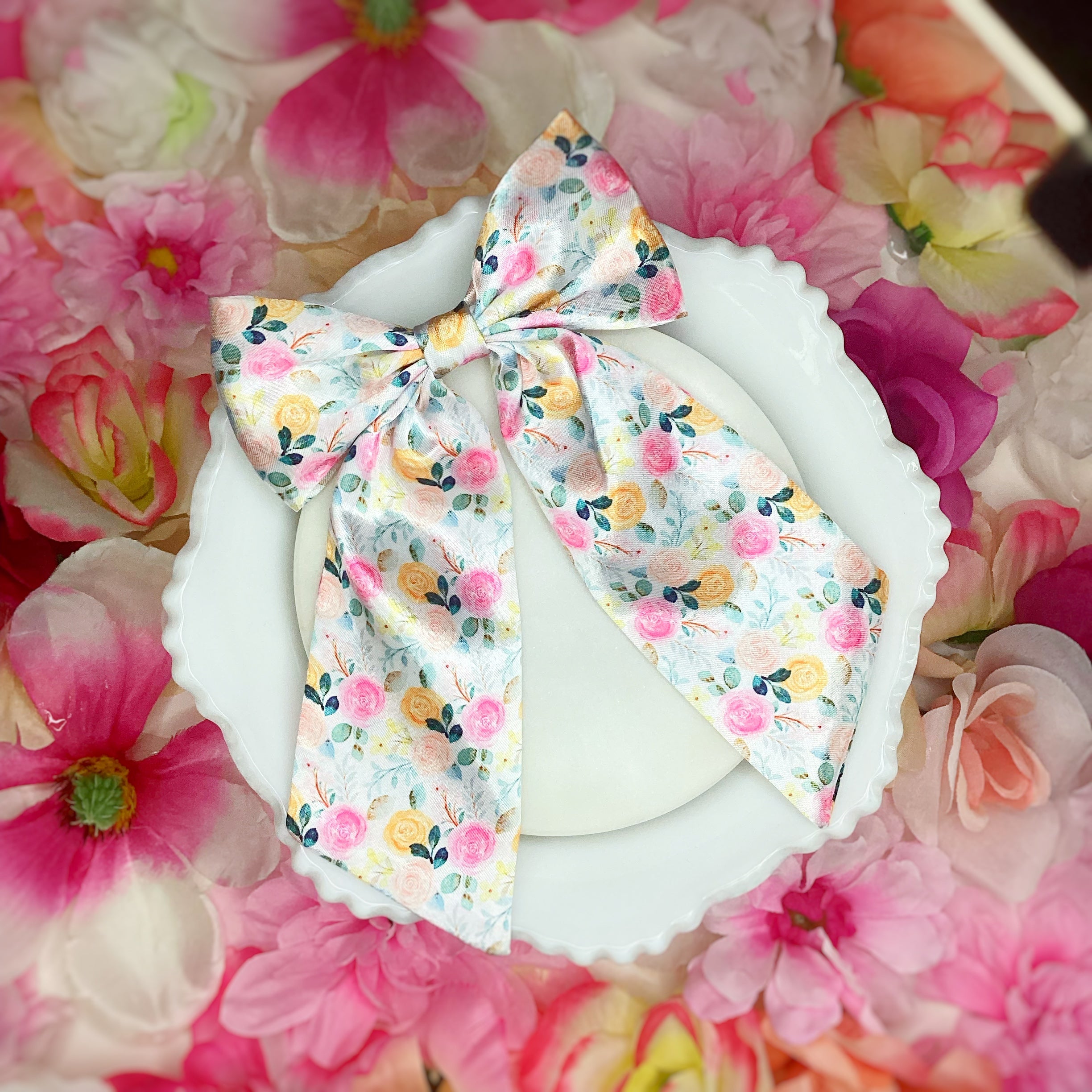 Yellow and Pink Satin Floral Coquette Bow and Bow Scrunchie Collection