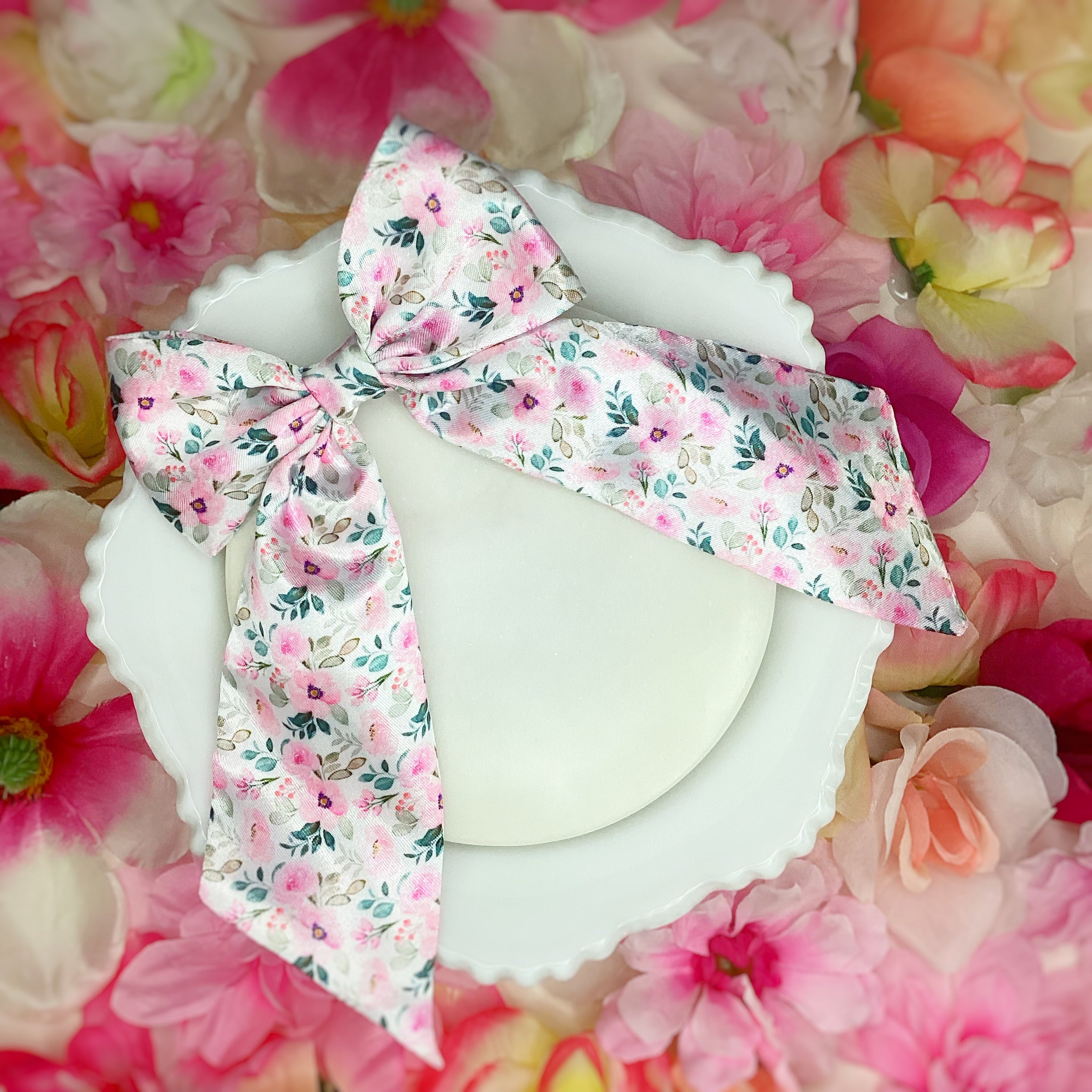 Pink Satin Floral Coquette Bow and Bow Scrunchie Collection