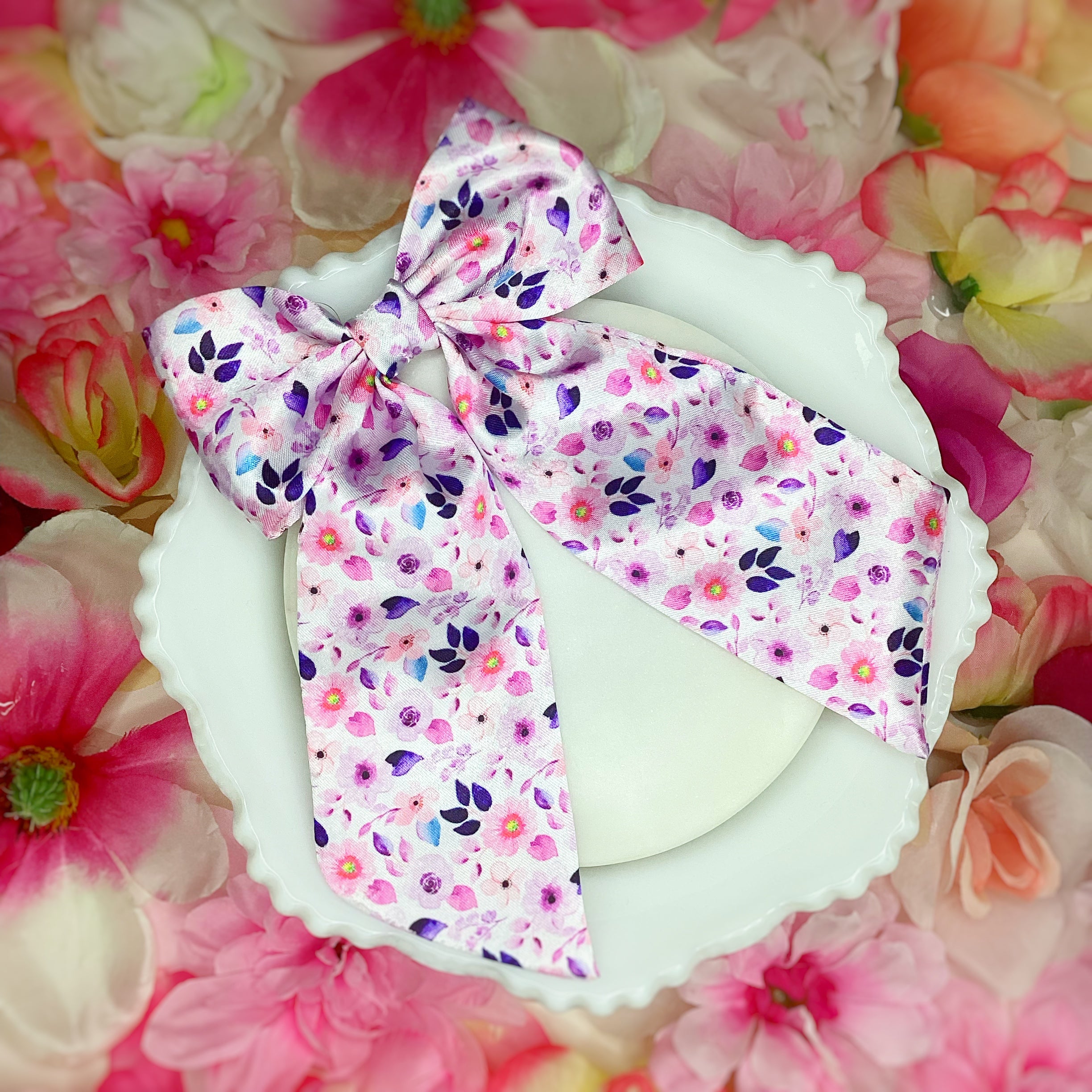 Purple Satin Floral Coquette Bow and Bow Scrunchie Collection