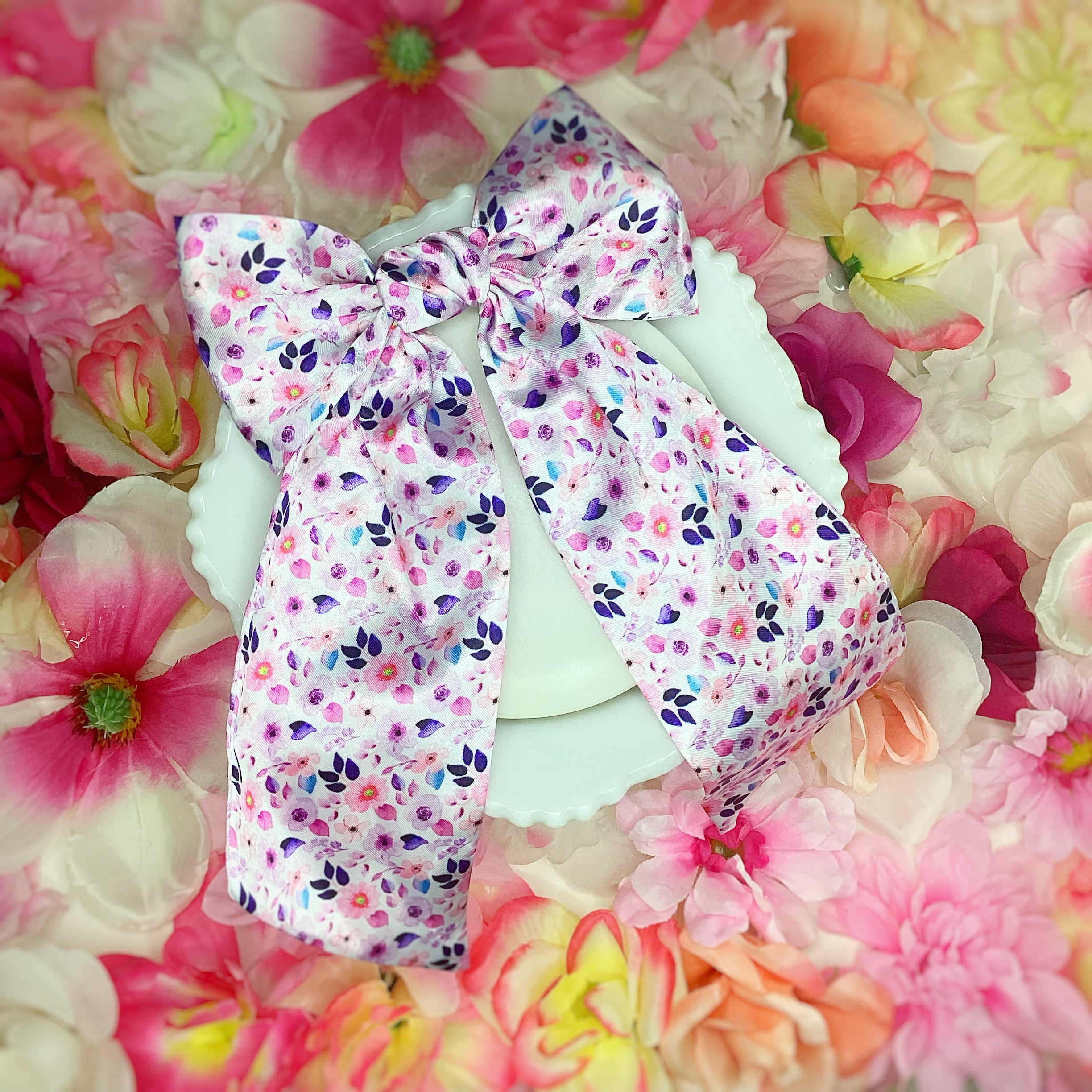 Purple Satin Floral Coquette Bow and Bow Scrunchie Collection