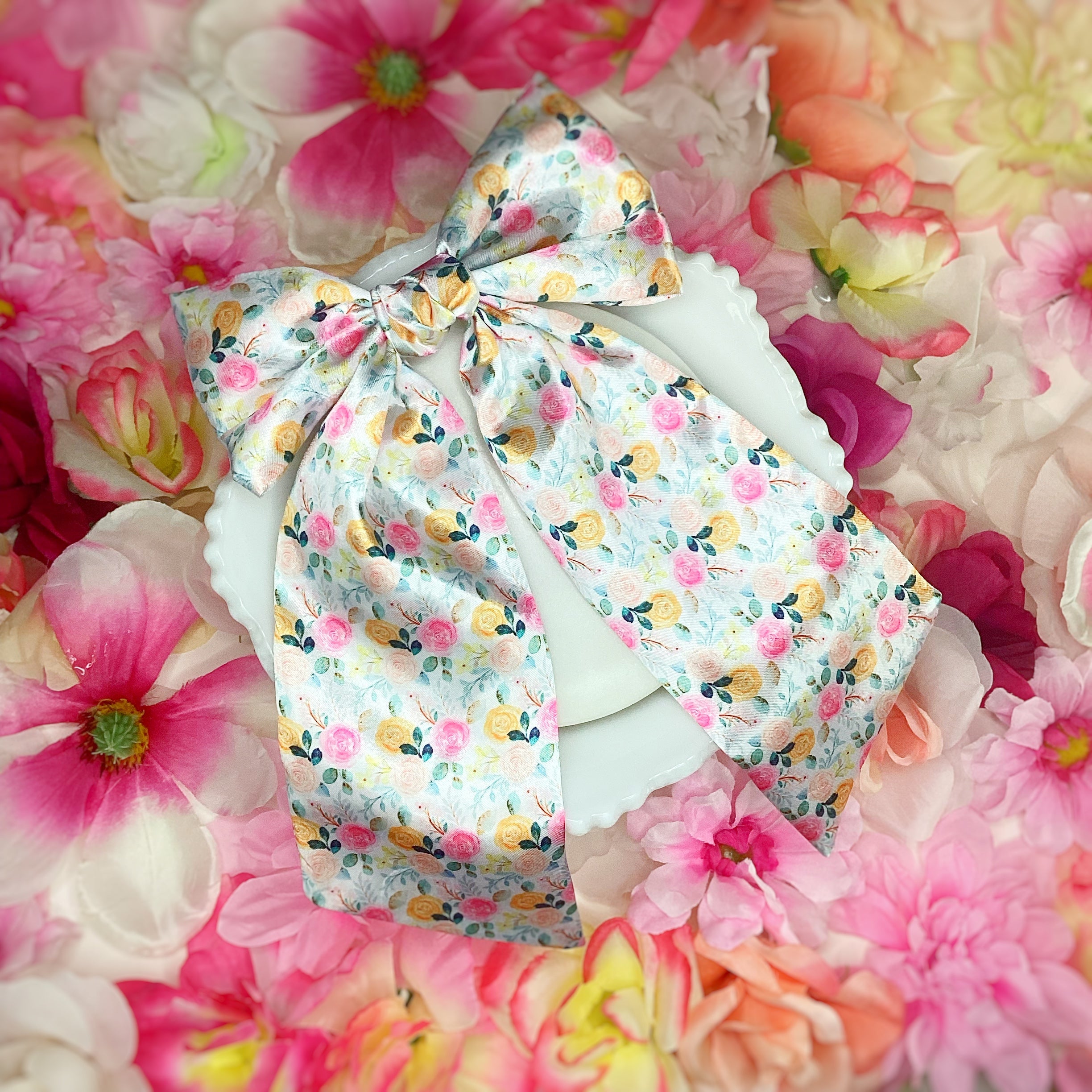 Yellow and Pink Satin Floral Coquette Bow and Bow Scrunchie Collection