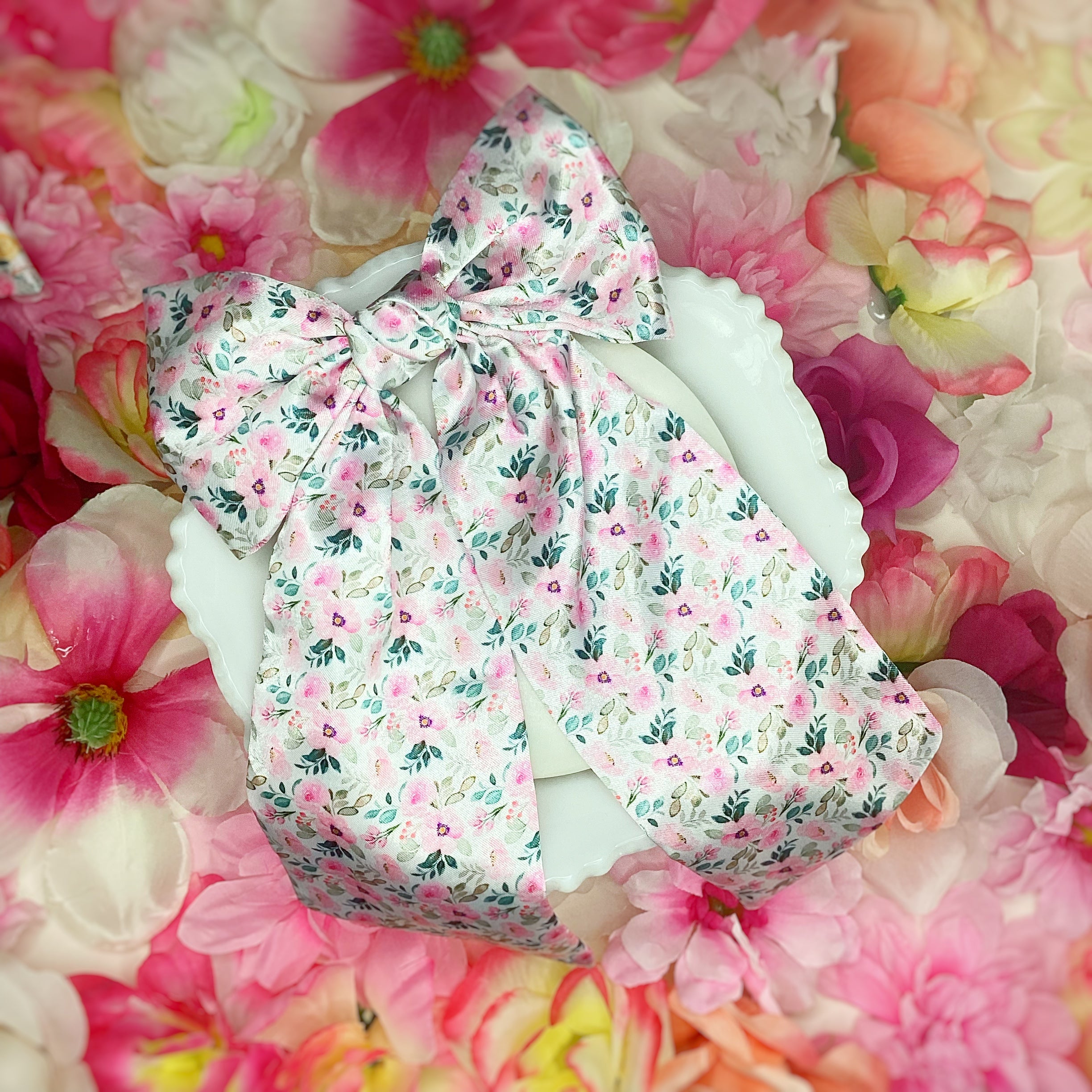 Pink Satin Floral Coquette Bow and Bow Scrunchie Collection