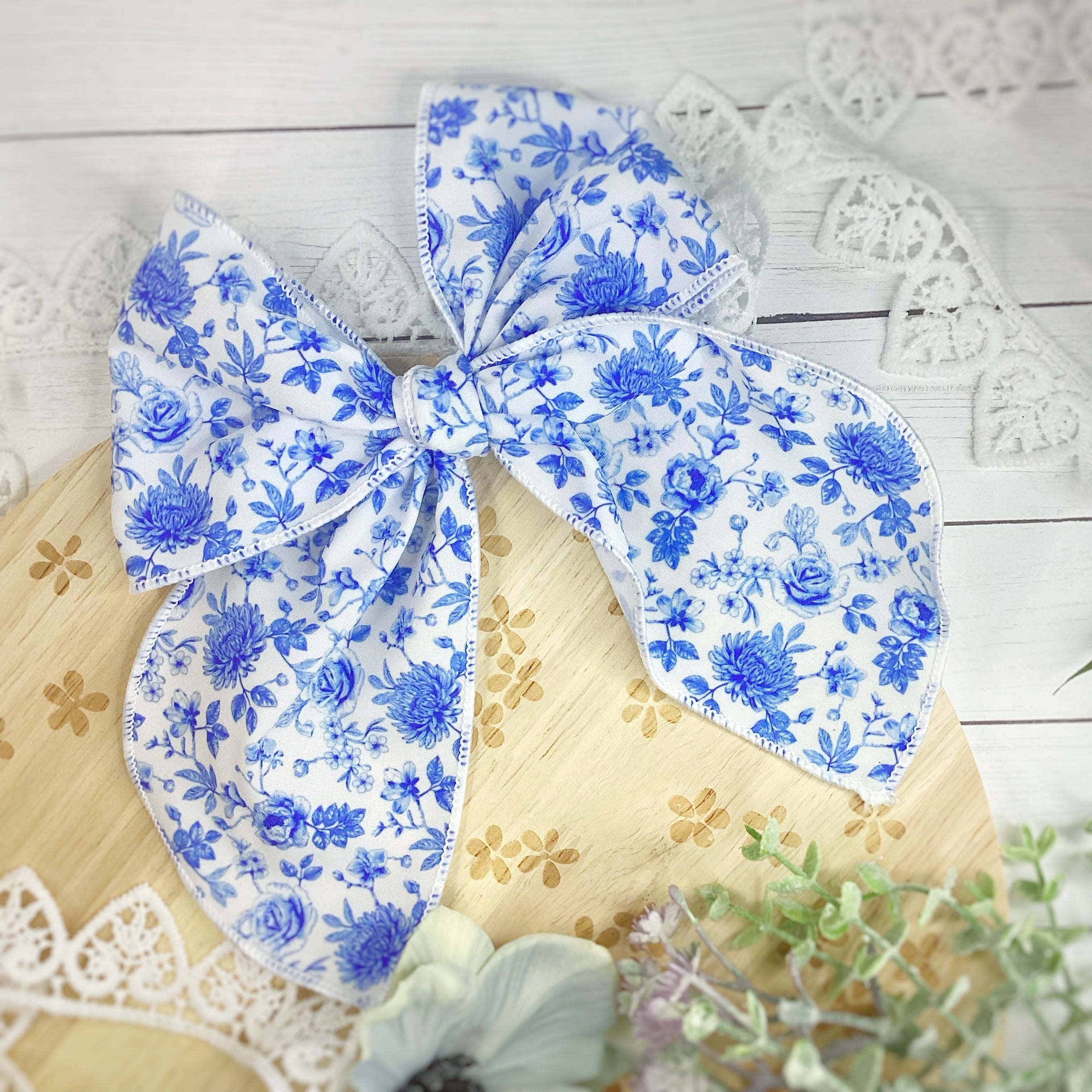 Blue Chinoise Bow Strip, Headband and Scrunchie Collection