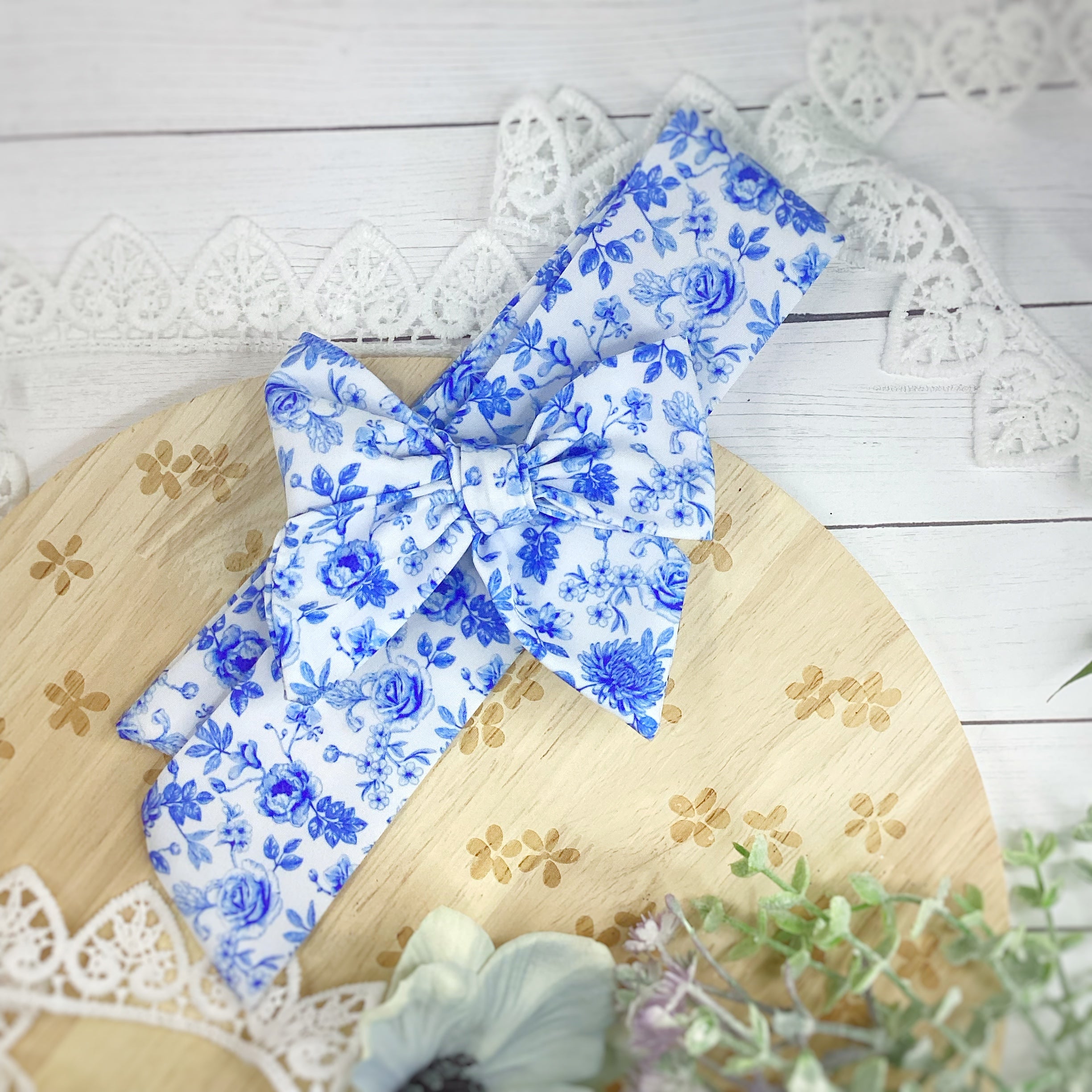 Blue Chinoise Bow Strip, Headband and Scrunchie Collection