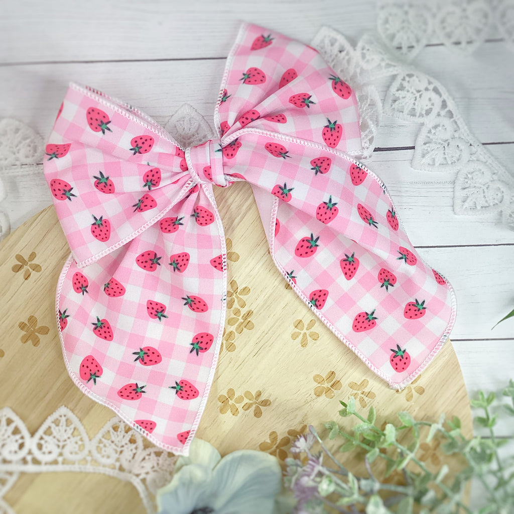 Strawberry Gingham Bow Strip, Headband and Scrunchie Collection