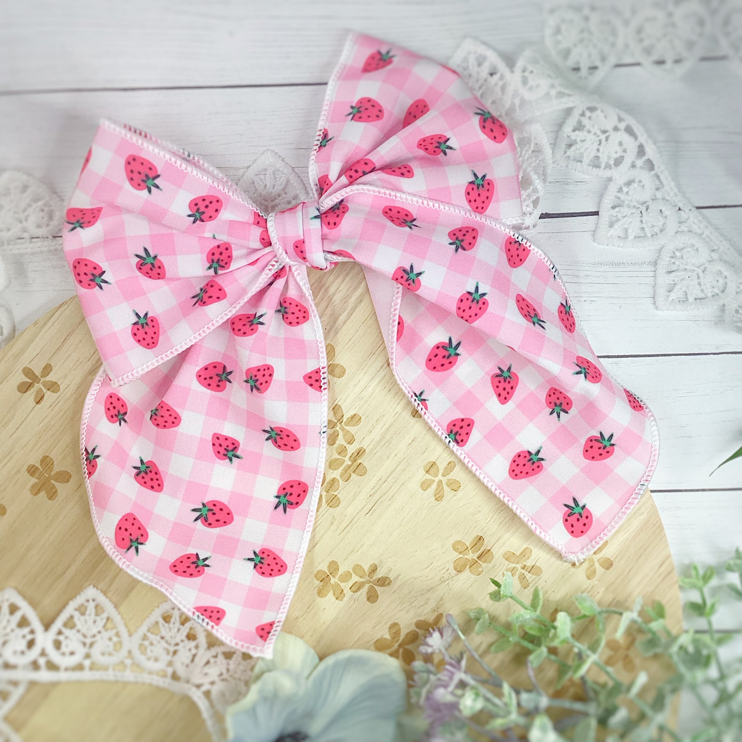 Strawberry Gingham Bow Strip, Headband and Scrunchie Collection
