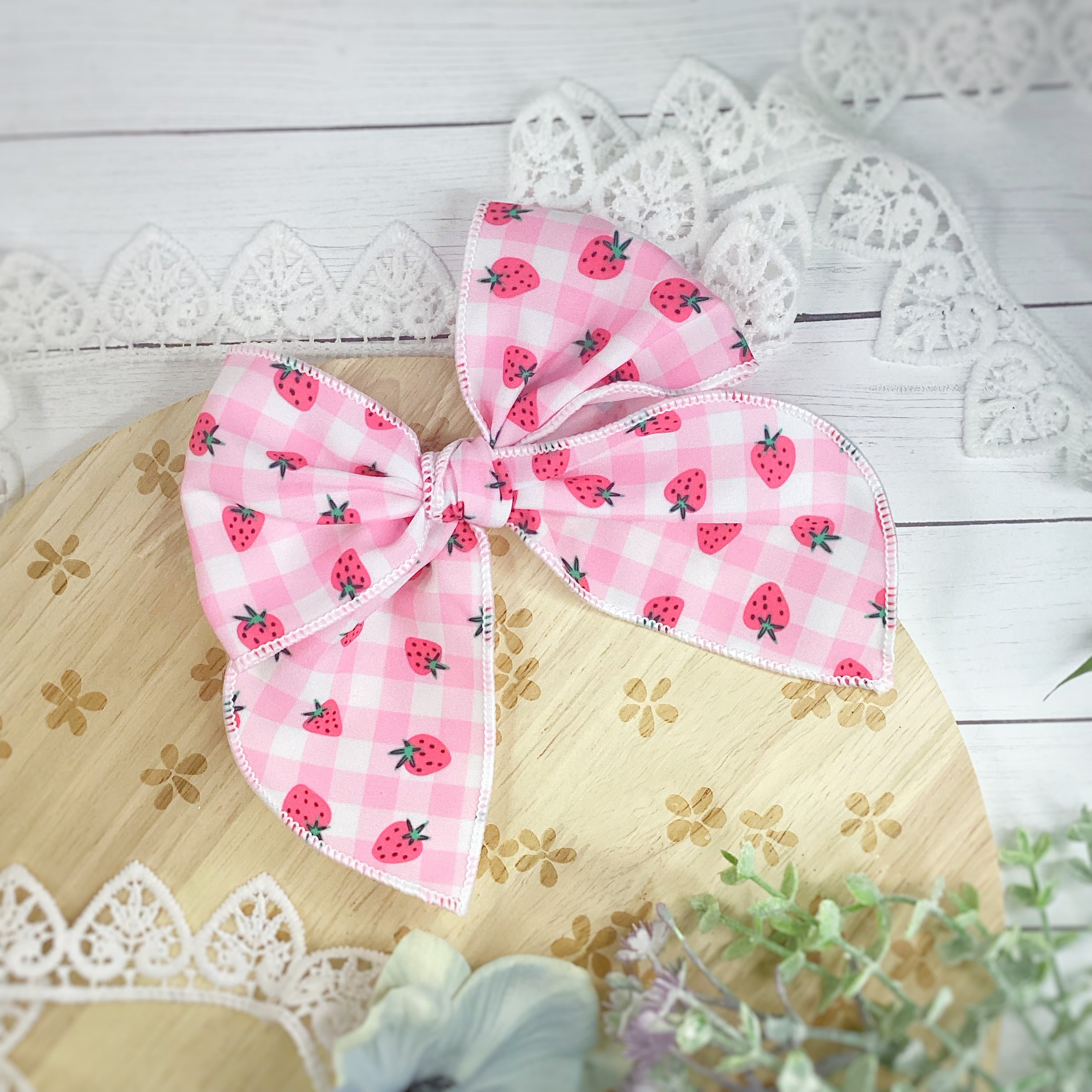 Strawberry Gingham Bow Strip, Headband and Scrunchie Collection