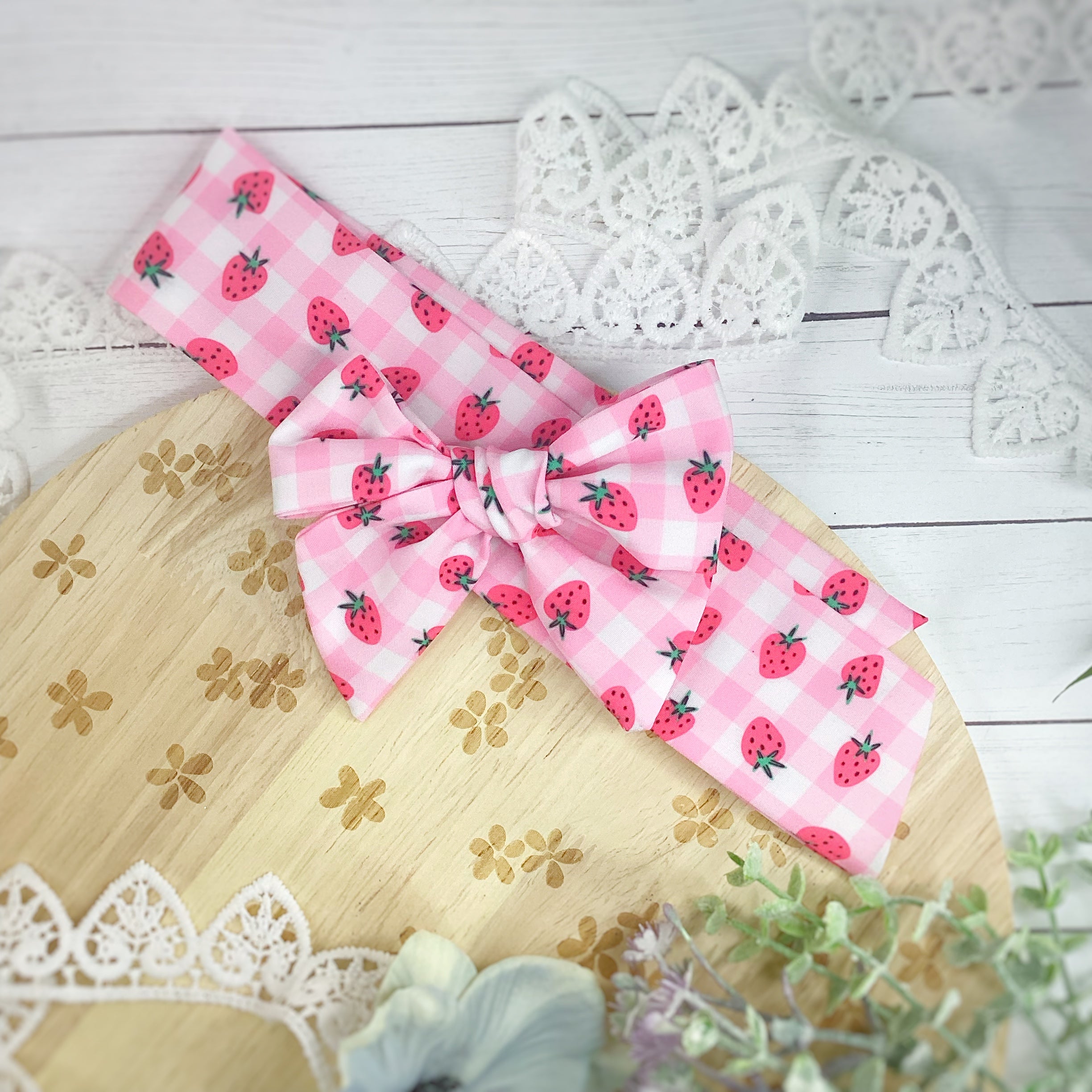 Strawberry Gingham Bow Strip, Headband and Scrunchie Collection