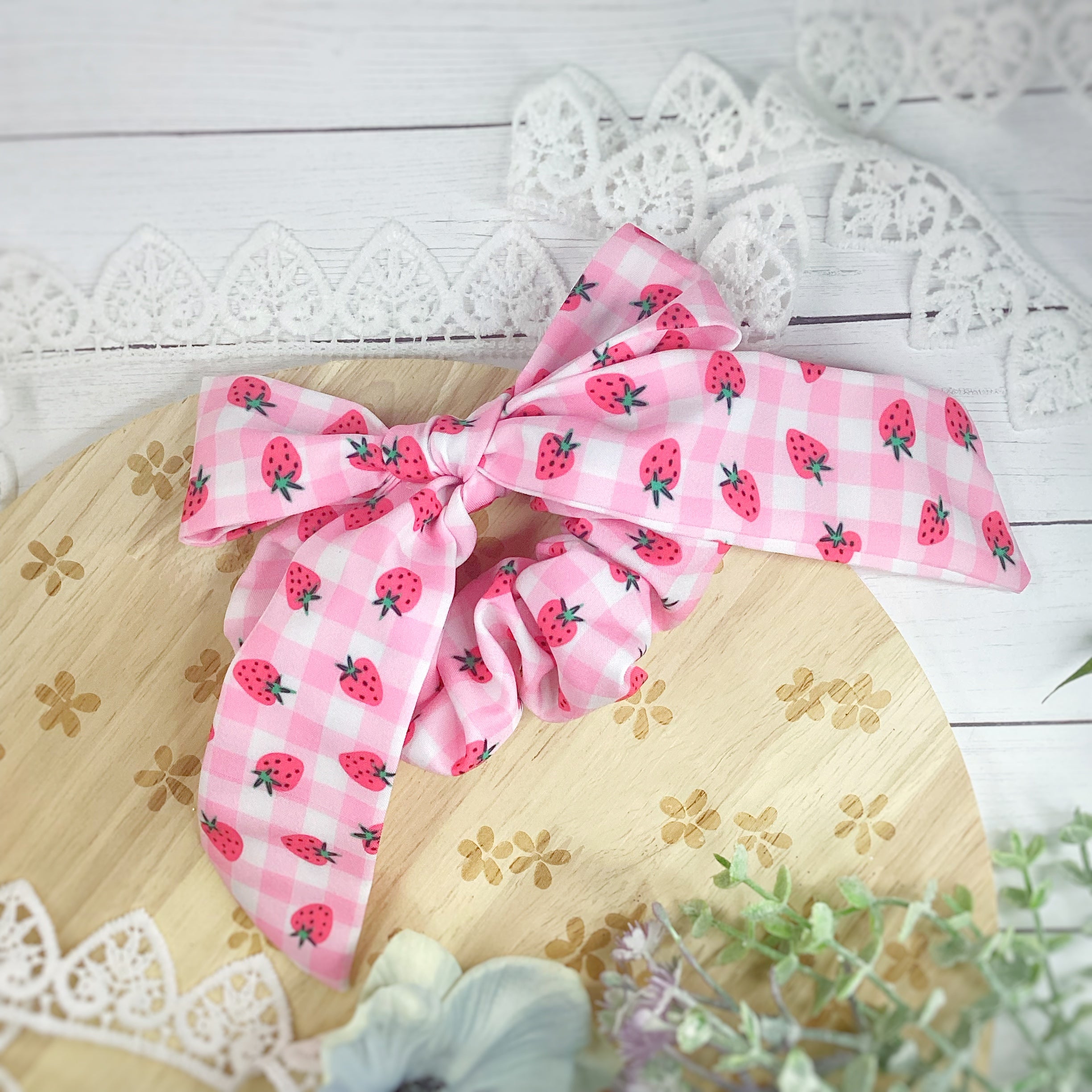 Strawberry Gingham Bow Strip, Headband and Scrunchie Collection
