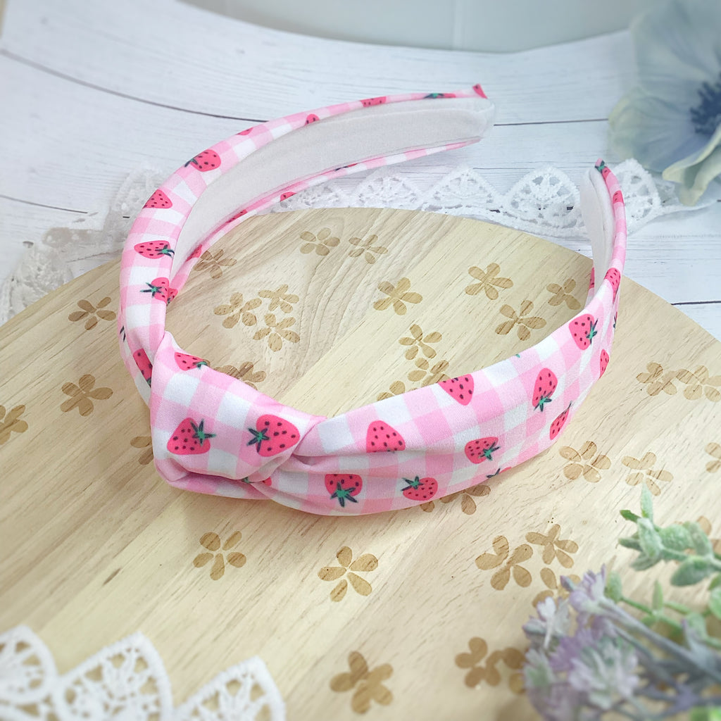 Strawberry Gingham Bow Strip, Headband and Scrunchie Collection
