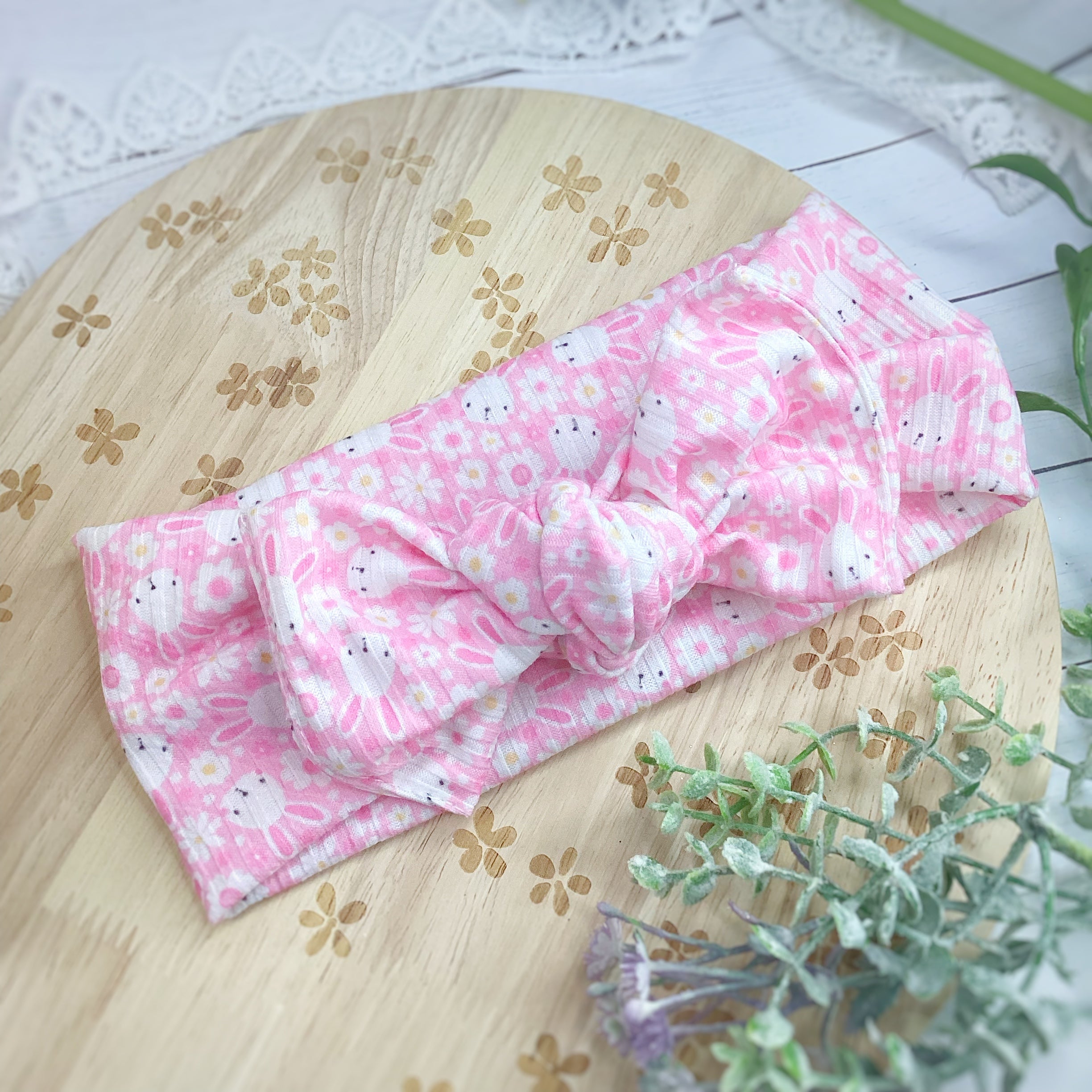 Bunnies and Daisies Bow Strip, Baby Wrap, Headband and Scrunchie Collection