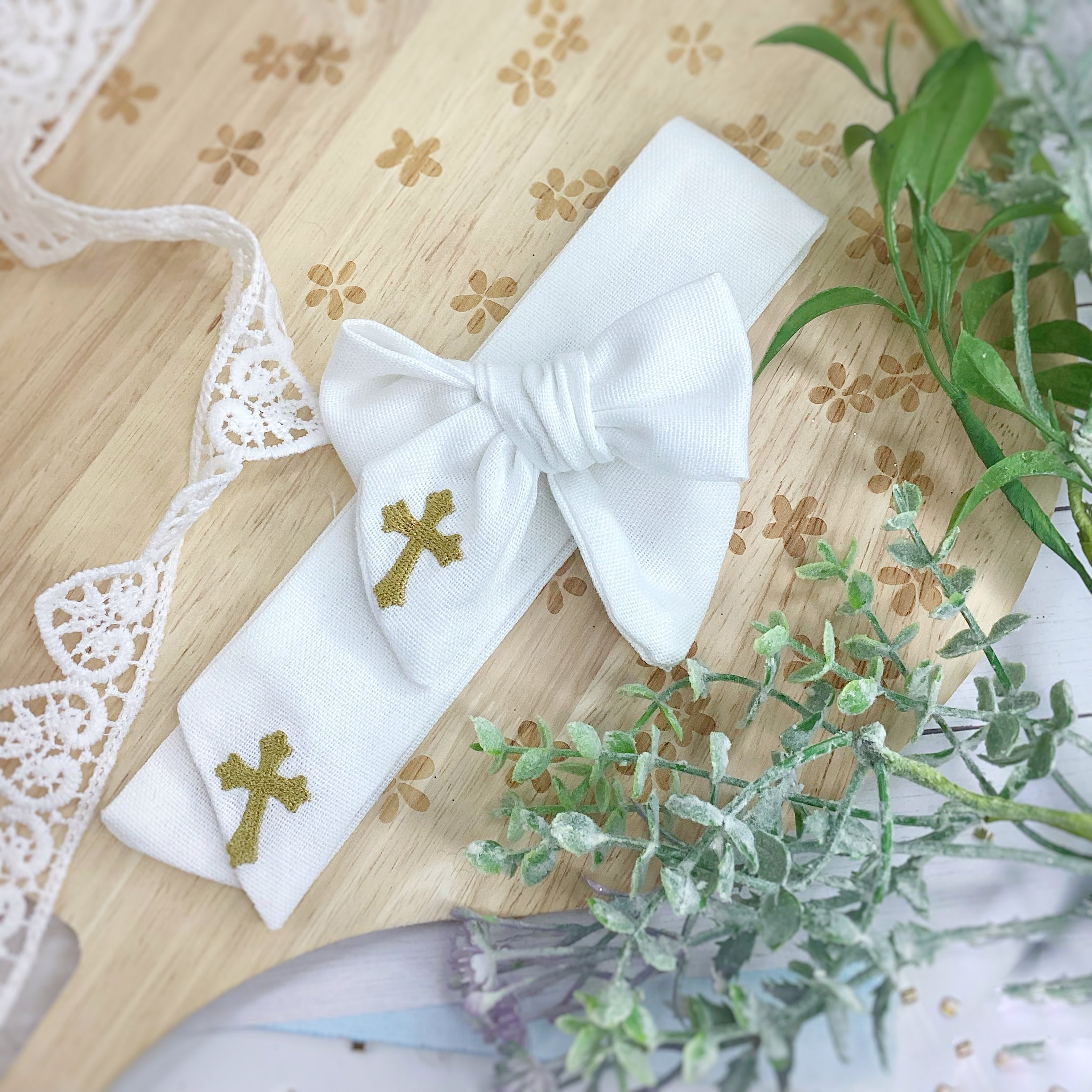 Embroidered Gold Cross Religious Bow Strips